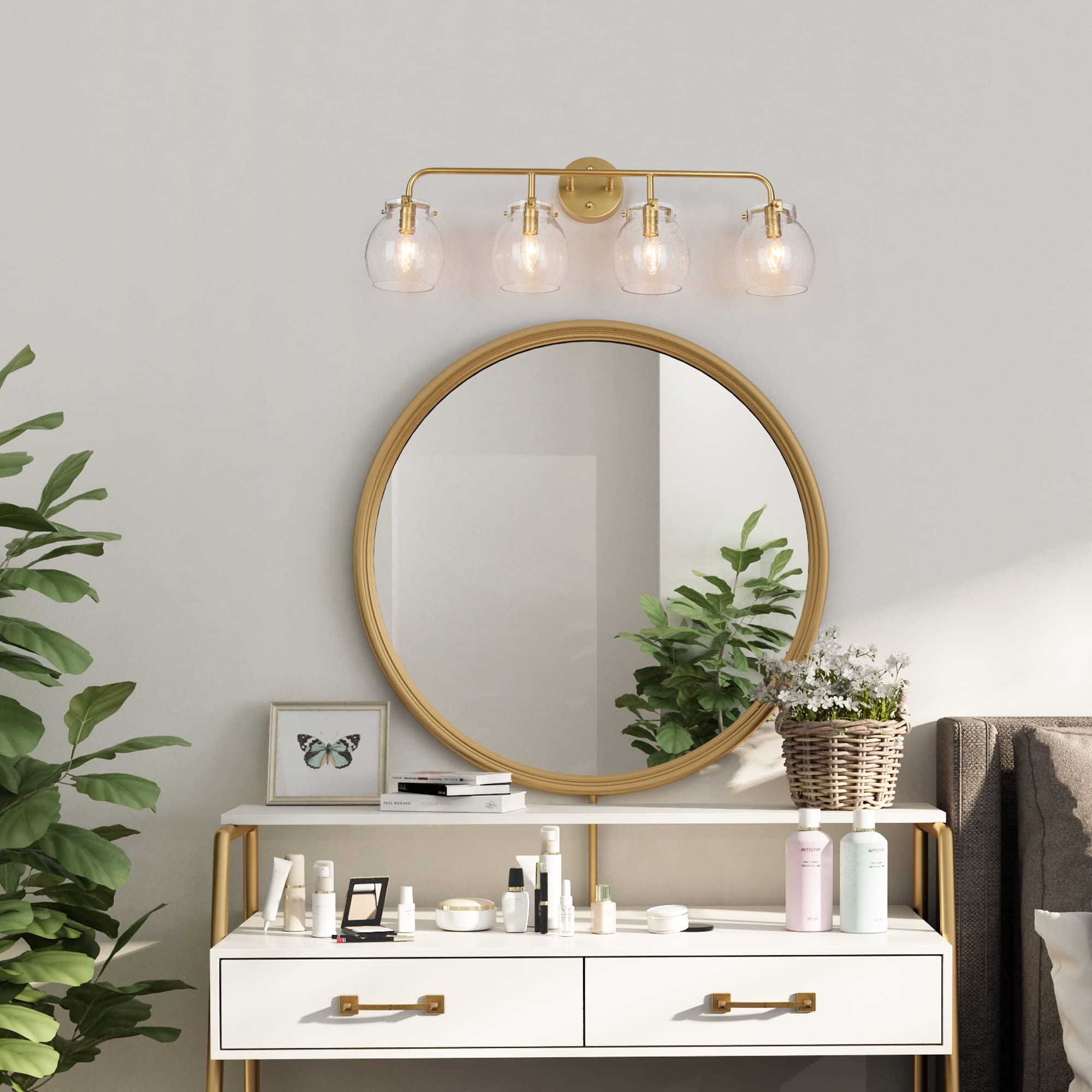 Modern Gold Vanity Lights with Seeded Glass - 4 Light Bathroom Fixture for Mirror (29
