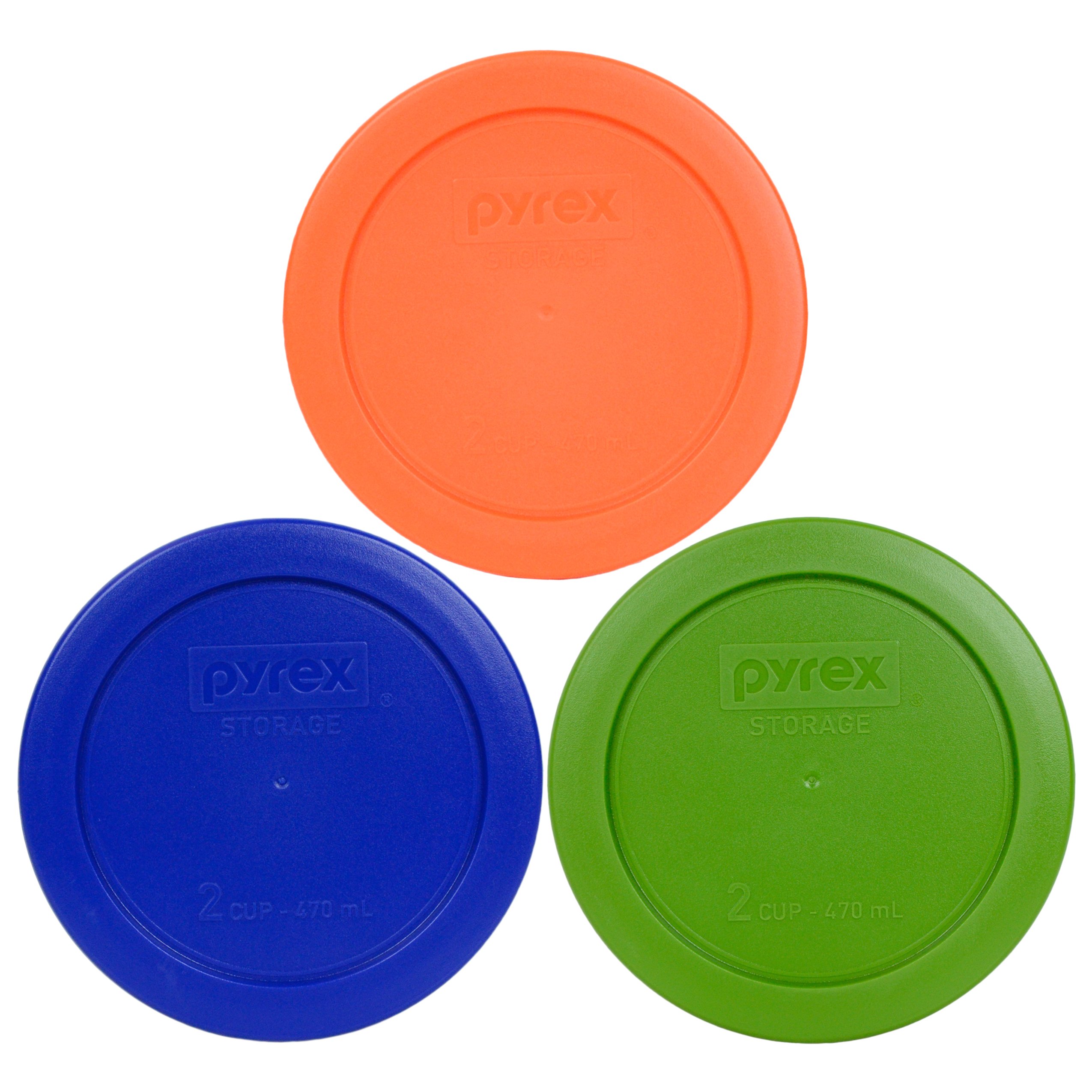 Pyrex 7200-PC 2-Cup Round Plastic Food Storage Lids Set - 1 Green, 1 Orange & 1 Cobalt Blue - Airtight & Durable - Made in USA - Perfect for Meal Prep, Leftovers & Refrigerator Organization