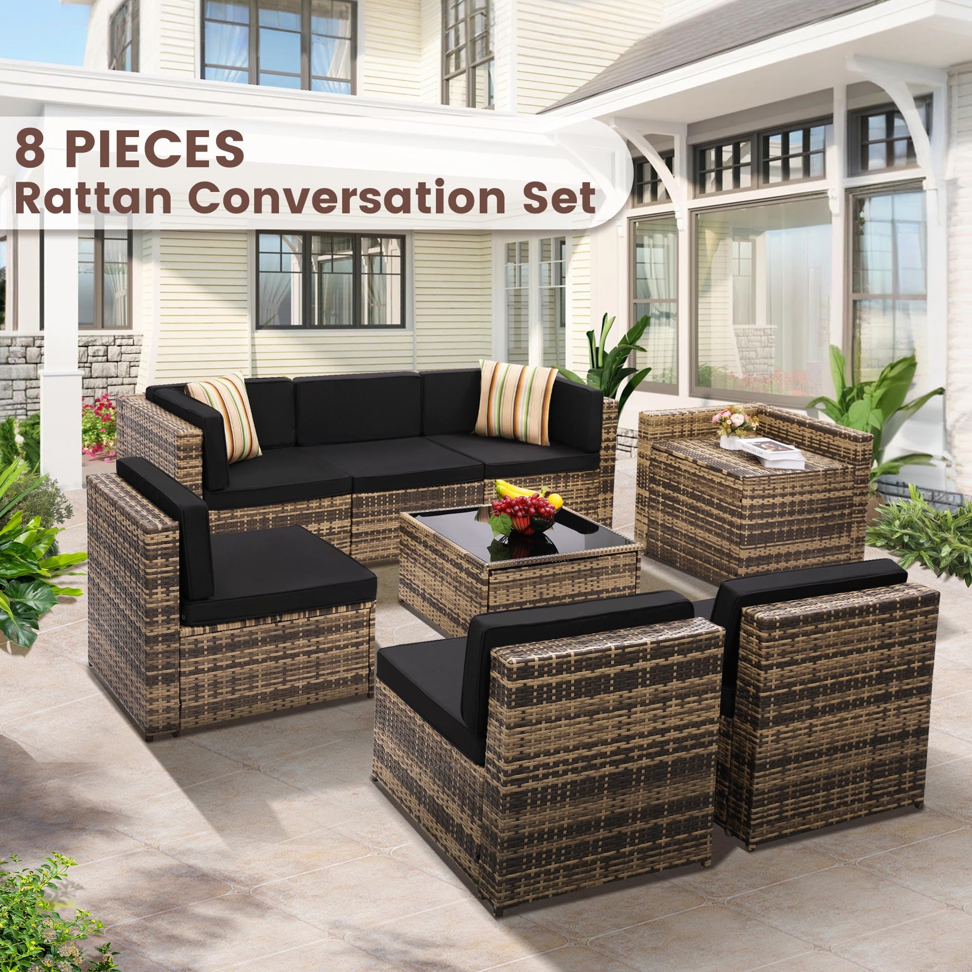 8-Piece Outdoor Wicker Patio Furniture Sectional Set with Glass Top Table & Hidden Storage - 7 Seating Components, Natural Rattan with Black Overstuffed Cushions - Perfect for Backyard, Garden, Poolside & Outdoor Lounge Areas
