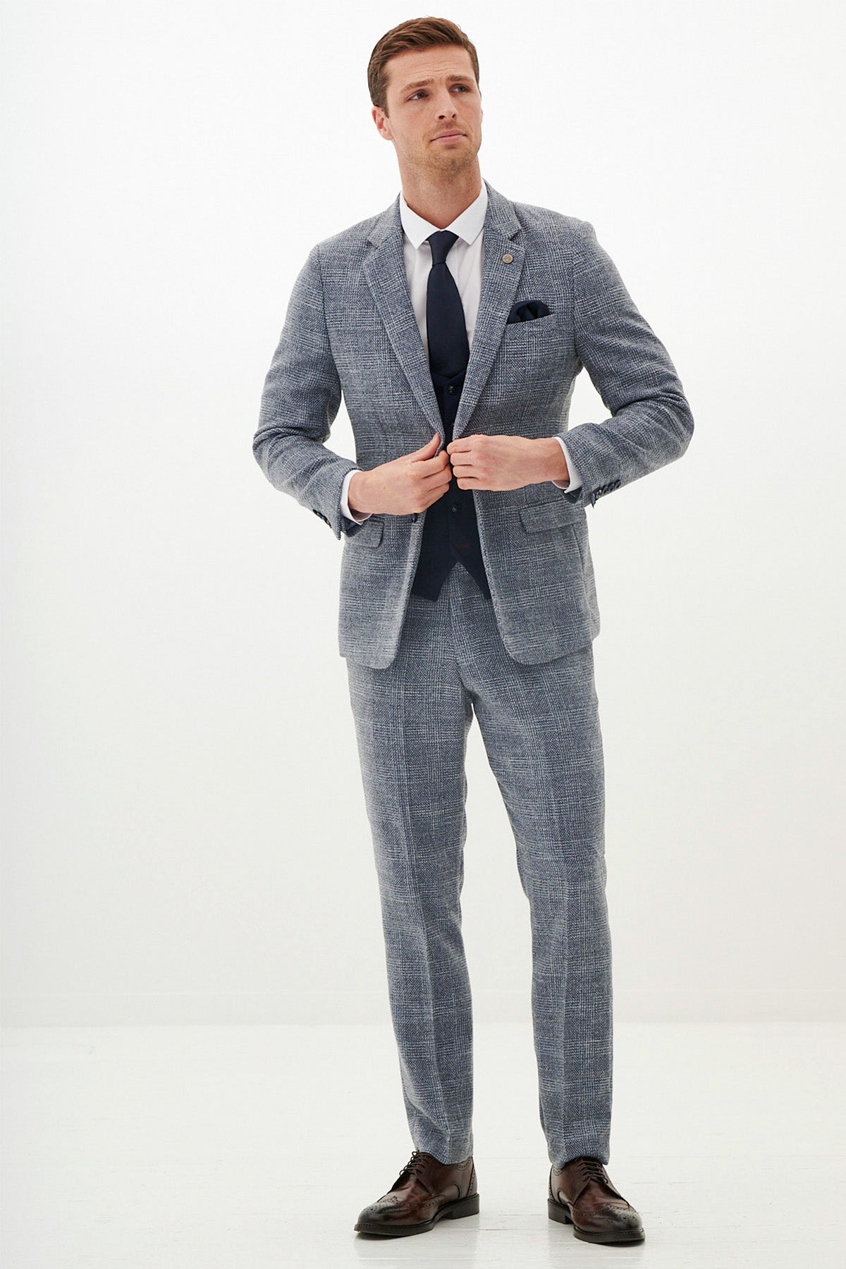 KRIS Sky Blue Tweed Suit with Kelvin Navy Waistcoat - Elegant Wedding & Formal Business Attire for Men