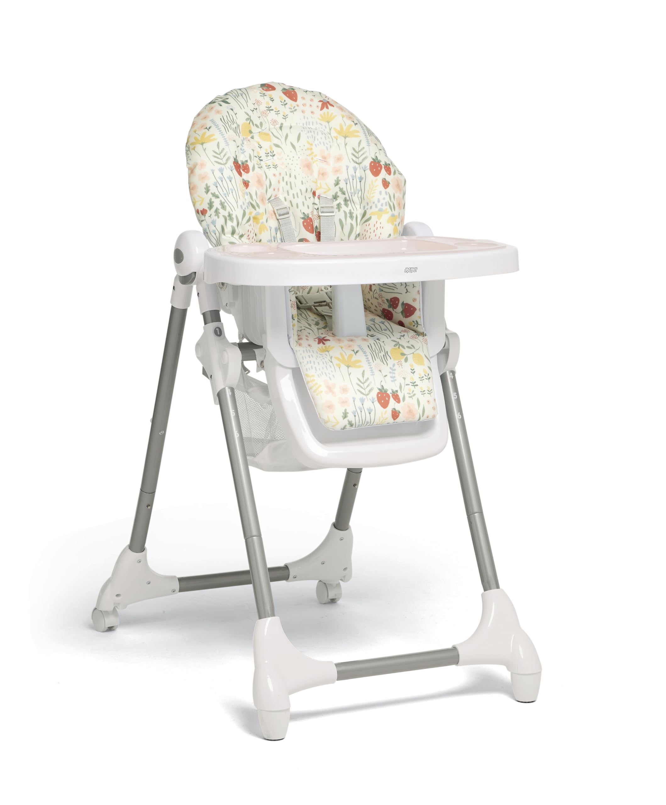 Mamas & Papas Snax Adjustable High Chair with Reclining Seat, Foldable Design & Removable Tray - Fruit Garden Pattern | Baby Feeding Chair for Home, Restaurant & Travel Use