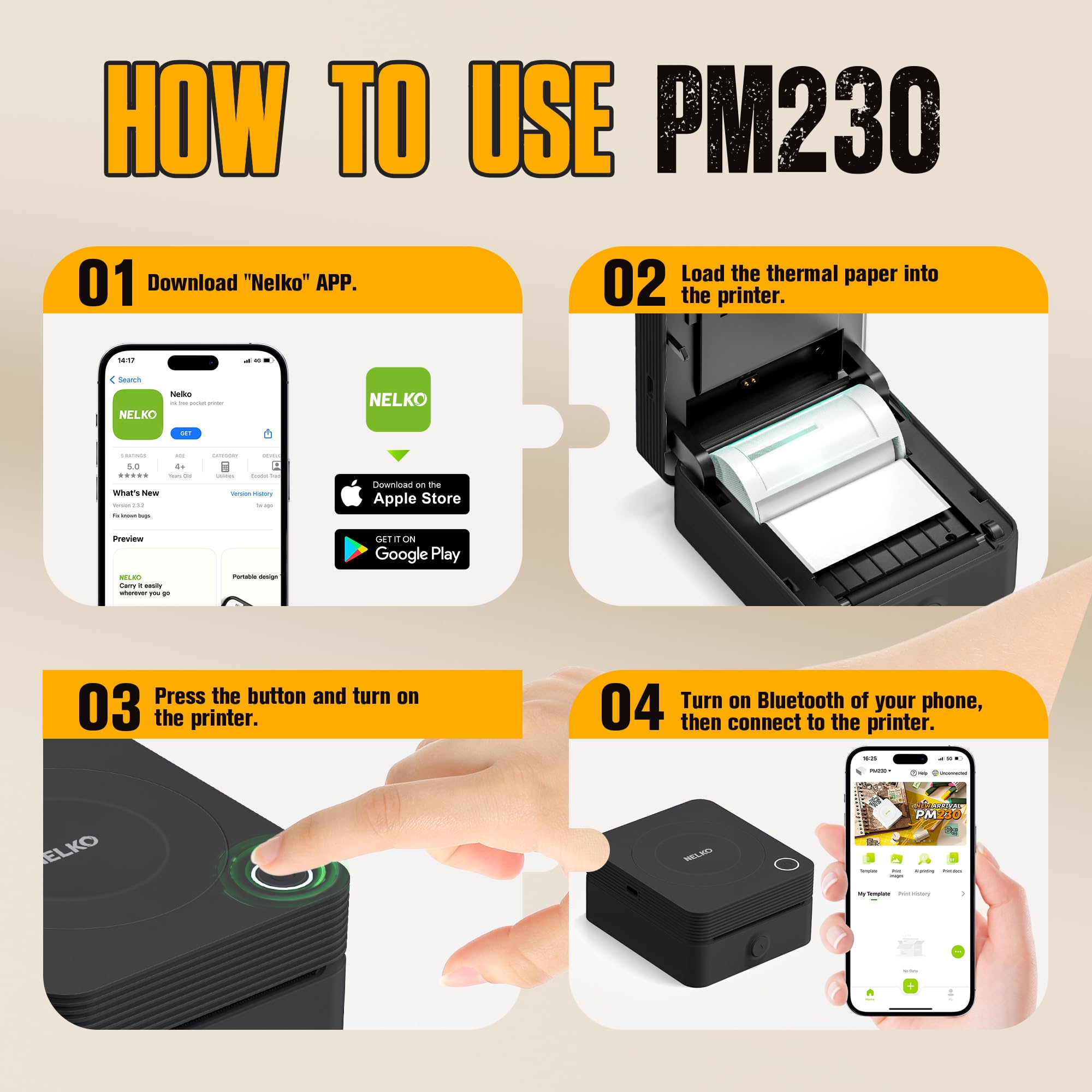 Nelko PM230 Print Pod Mini Bluetooth Sticker Printer - Portable Label Maker with 3 Paper Rolls & Multiple Templates for Phone, Tablet - Ideal for DIY Crafts, Scrapbooking & Home Organization (Black, 1 Pack)