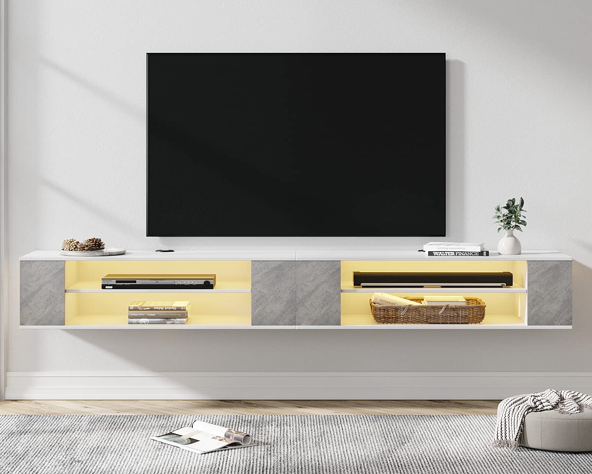 WAMPAT 79 Inch Modern Floating TV Stand with Adjustable Yellow LED Lights - Wall Mounted Entertainment Center for 65-85 Inch TVs - Wooden Media Console with Storage Shelf - Perfect for Living Room, Bedroom & Home Theater (Grey & White)