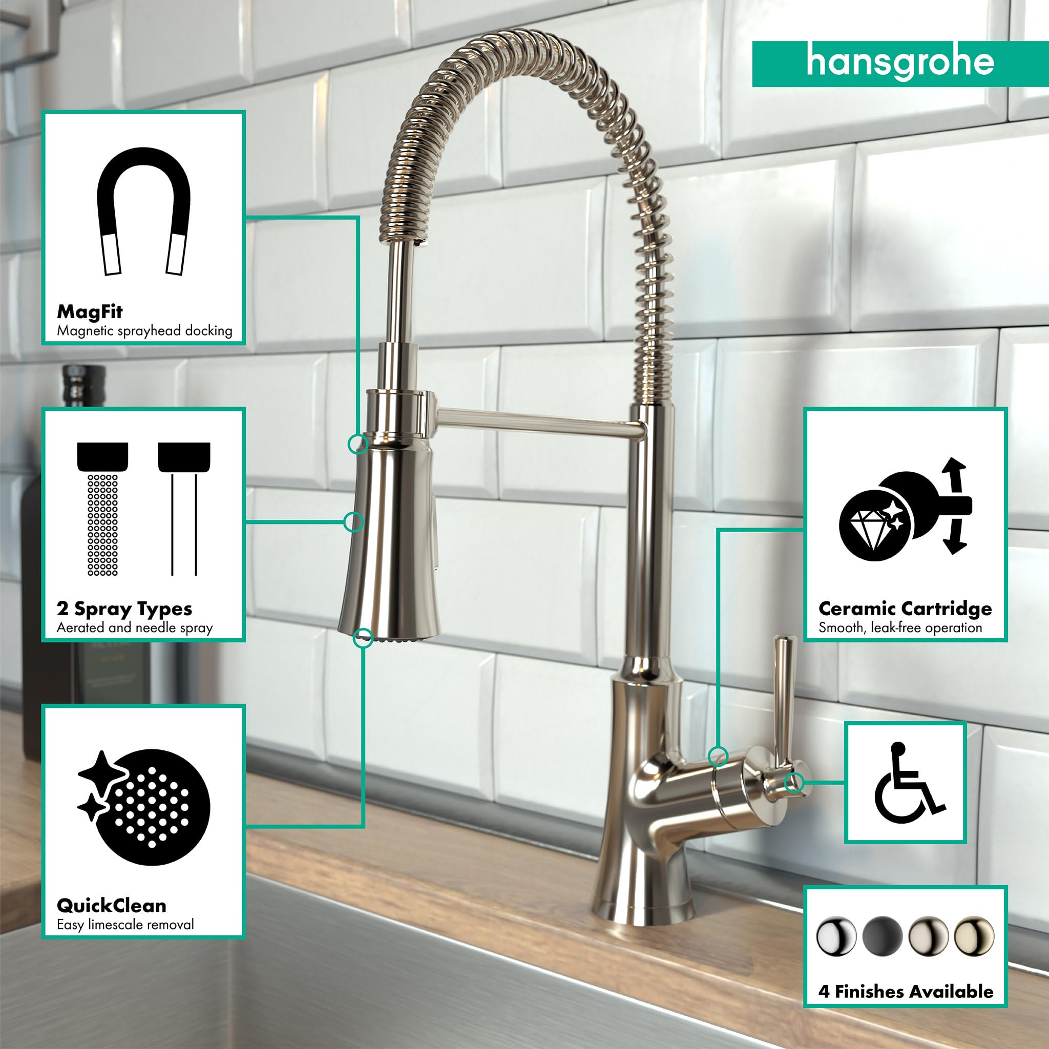 hansgrohe Joleena Brushed Nickel Commercial Kitchen Faucet with Pull Down Sprayer, 19.3-Inches Tall, Polished Nickel 04792830, Ideal for Restaurant and Home Kitchen Sinks