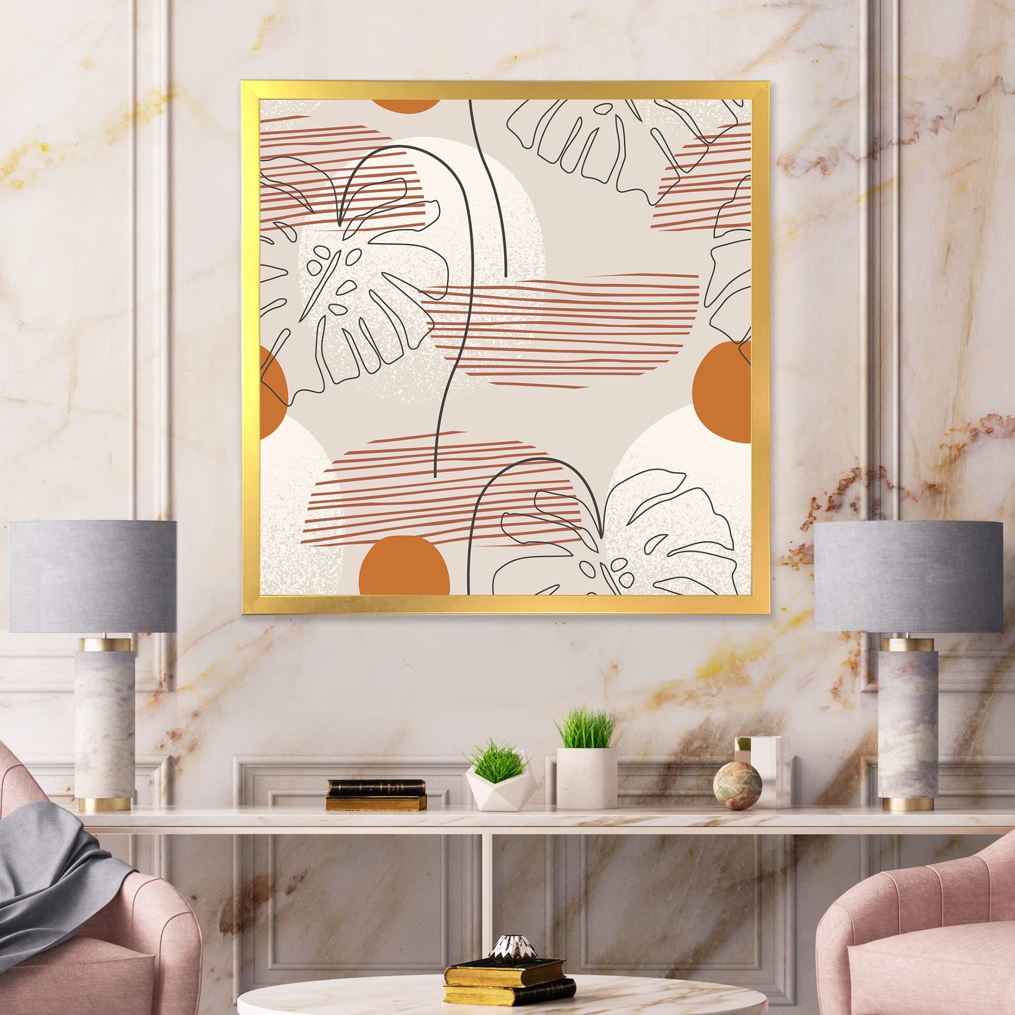 One Line Art Shapes & Abstract Monstera Leaf Modern Framed Wall Art - Minimalist Home Decor for Living Room, Bedroom & Office - Perfect Gift for Housewarming & Interior Design
