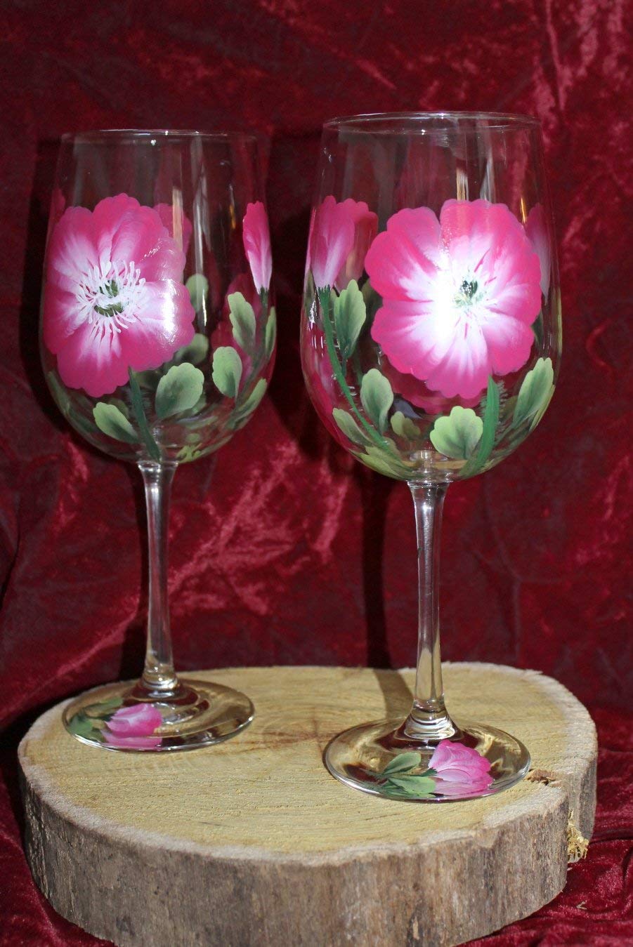 Hand Painted Wine Glasses Set of 2 - Elegant Poppy Pink Design for Wedding, Anniversary & Romantic Dinner Gifts - Dishwasher Safe Stemware for Women & Couples