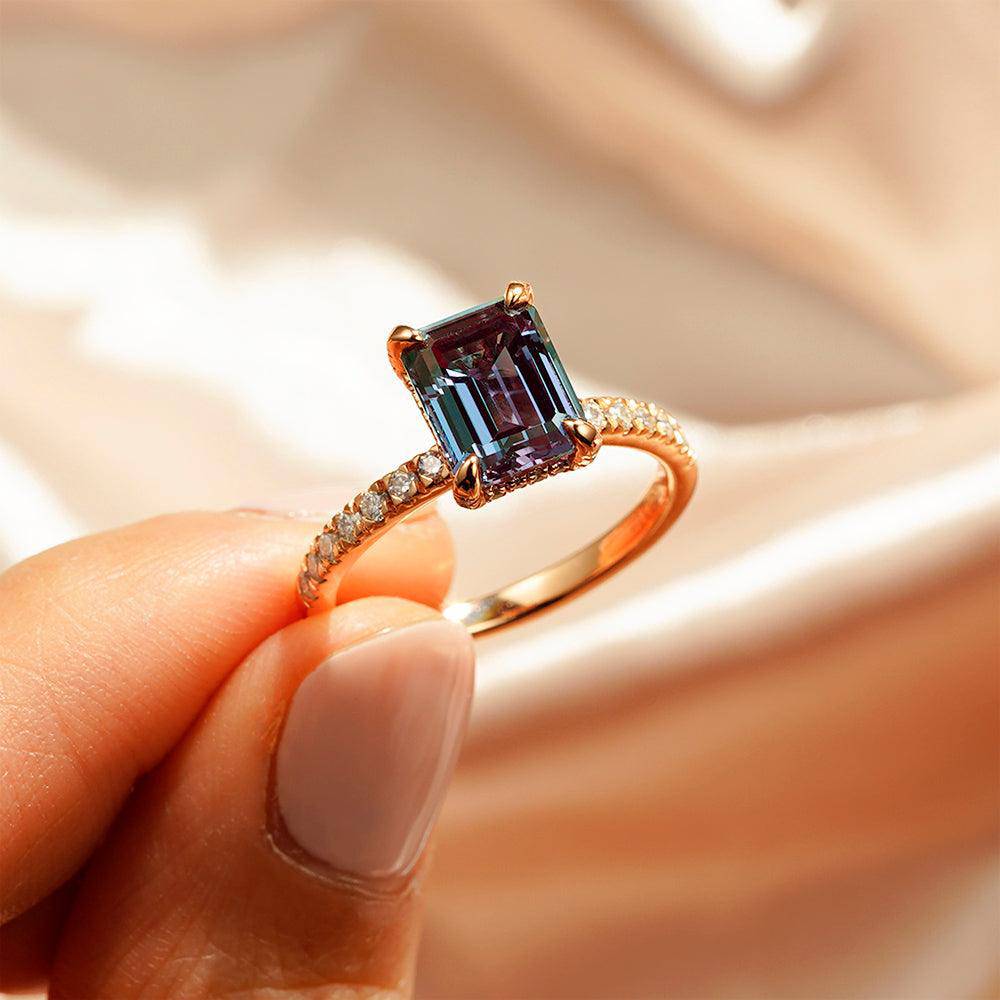 3 CT. Emerald Cut Alexandrite Engagement Ring With Moissanite Hidden Halo - Elegant Wedding Proposal Jewelry for Brides & Anniversaries