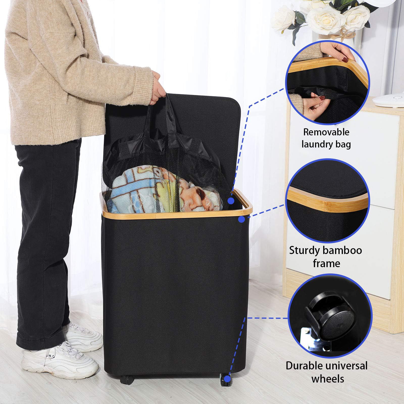 Guofa 73L Rolling Laundry Basket with Wheels & Lid - Large Collapsible Laundry Hamper with Removable Bag for Clothes, Toys Storage | Perfect for Bedroom, Laundry Room & Home Organization