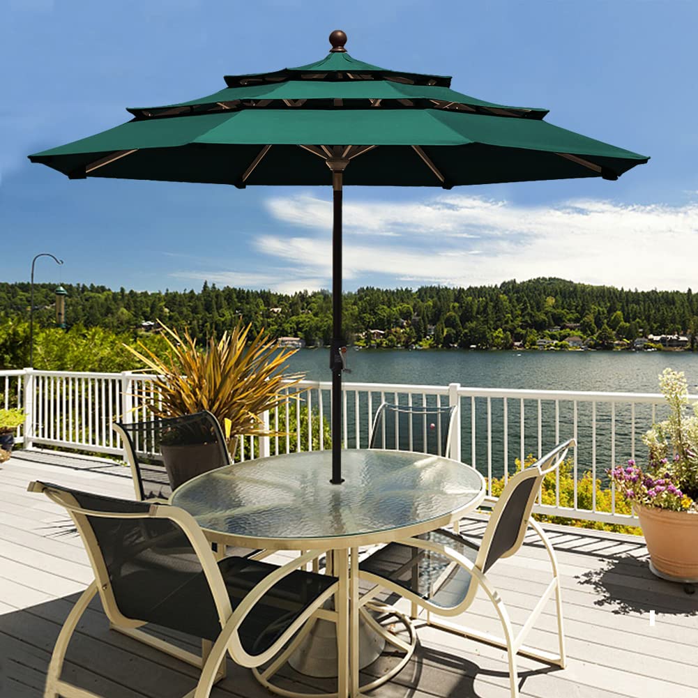 EliteShade USA 10-Year Fade-Resistant 9Ft 3-Tier Patio Umbrella with Ventilation - Outdoor Market Umbrella for Table, Garden, Deck, and Poolside - Durable Forest Green Sun Shade for Restaurants, Cafes, and Backyards