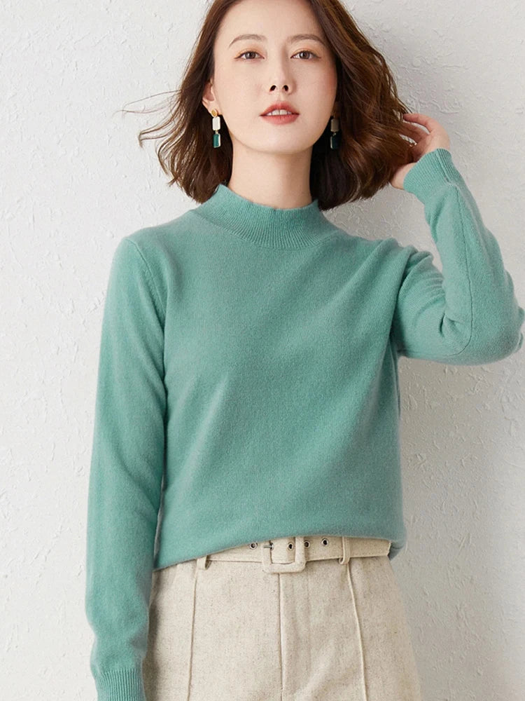 Premium Solid Half High Collar Cashmere Sweater for Women - Soft & Warm Winter Pullover - Perfect for Office, Dating & Holiday Outfits