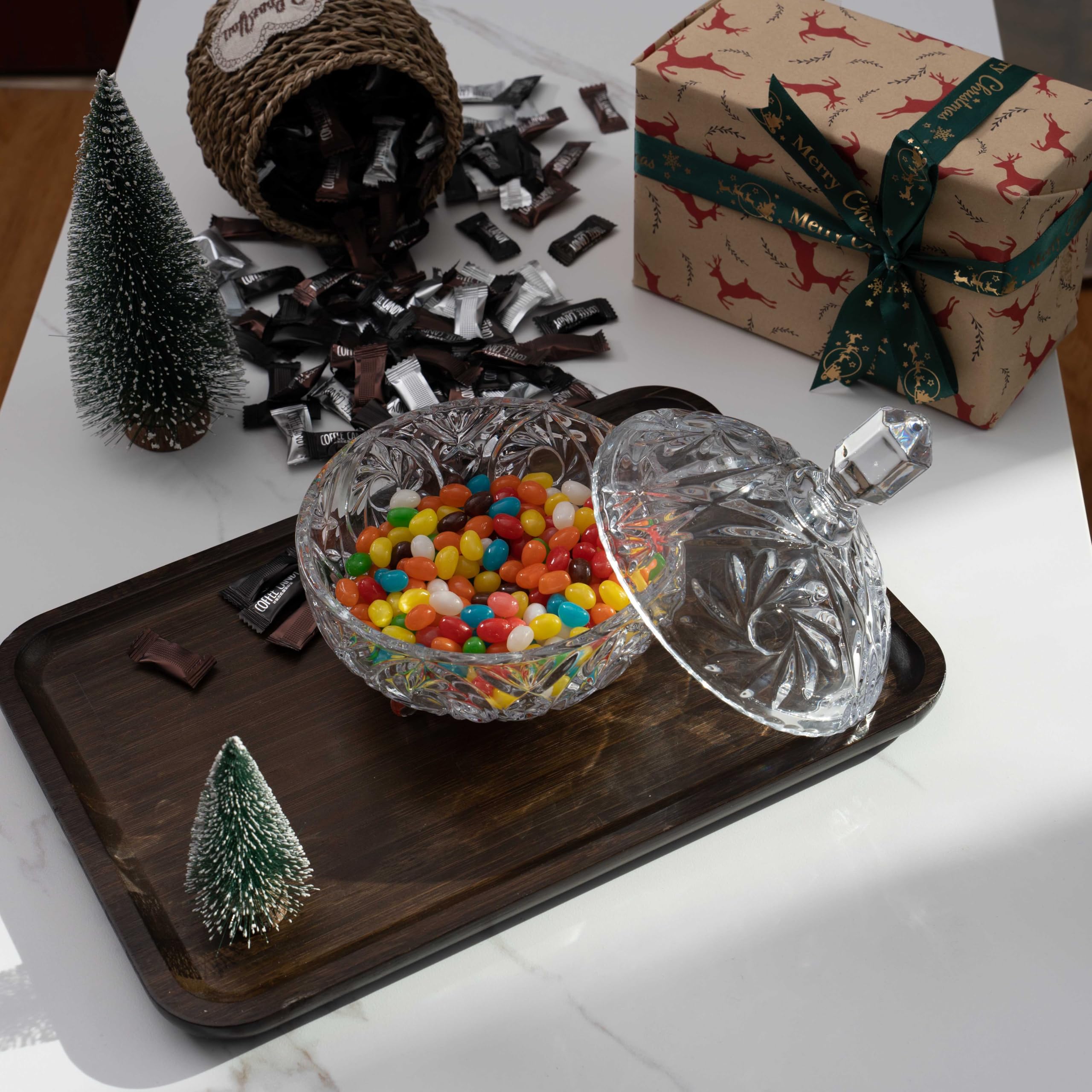 27oz Large Glass Candy Dish with Lid - Crystal Candy Bowl & Dispenser, Embossed Decorative Storage Jar for Candy Buffet, Office Desk, Jewelry | Perfect for Christmas, Wedding, Birthday Gifts & Home Decor