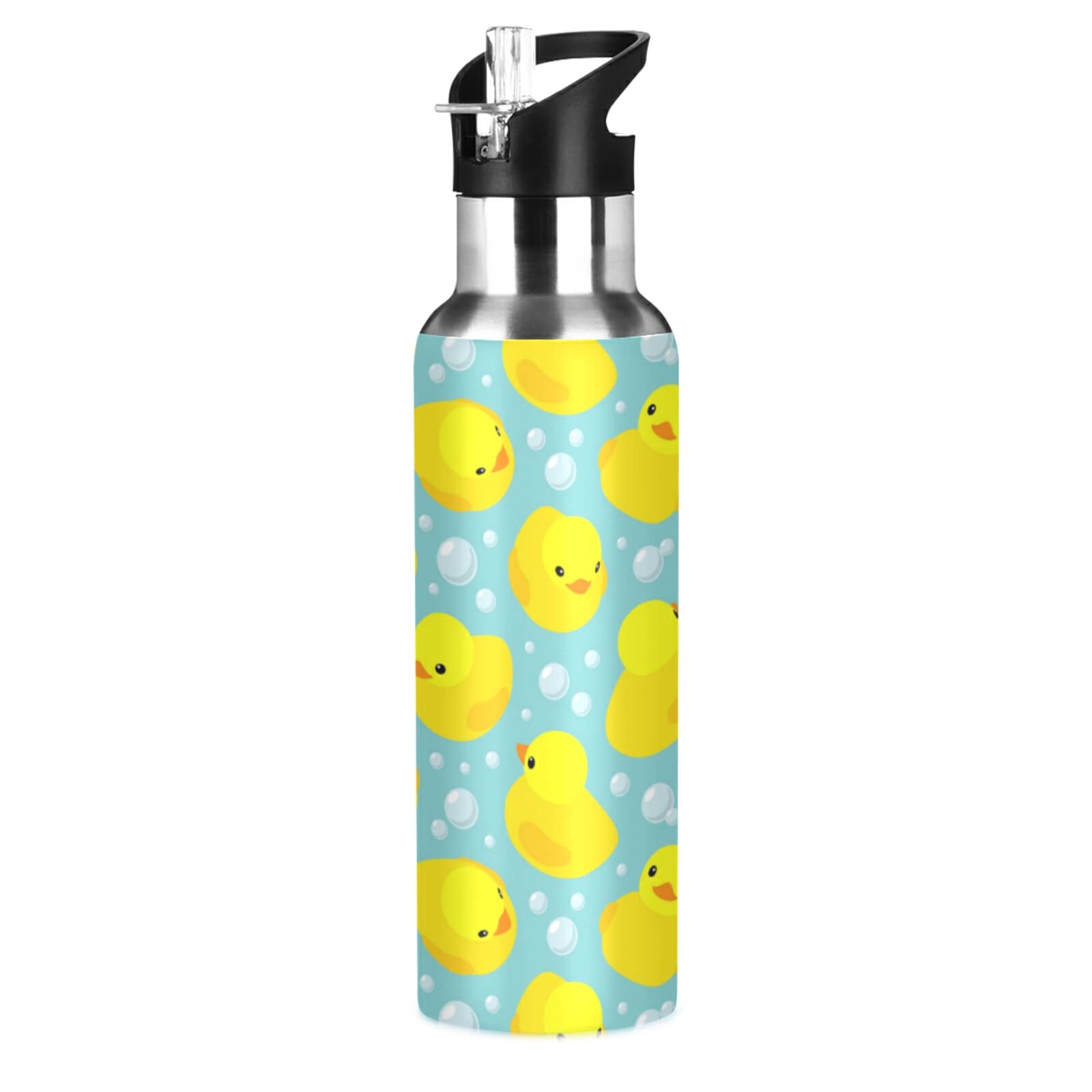 Senya 20oz Stainless Steel Water Bottle with Straw Lid - Insulated Kids Thermos for Sports, Gym, School & Outdoor Activities | Leakproof BPA-Free Water Flask | Yellow Ducks Bubbles Design | Perfect for Hiking, Camping & Daily Hydration