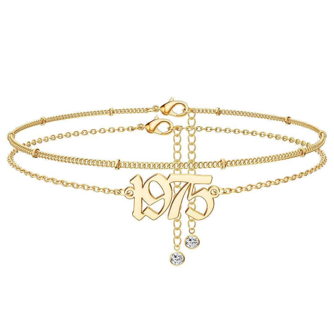 14K Gold Plated Birth Year Anklet - Women's Beach Jewelry Gift for Anniversary