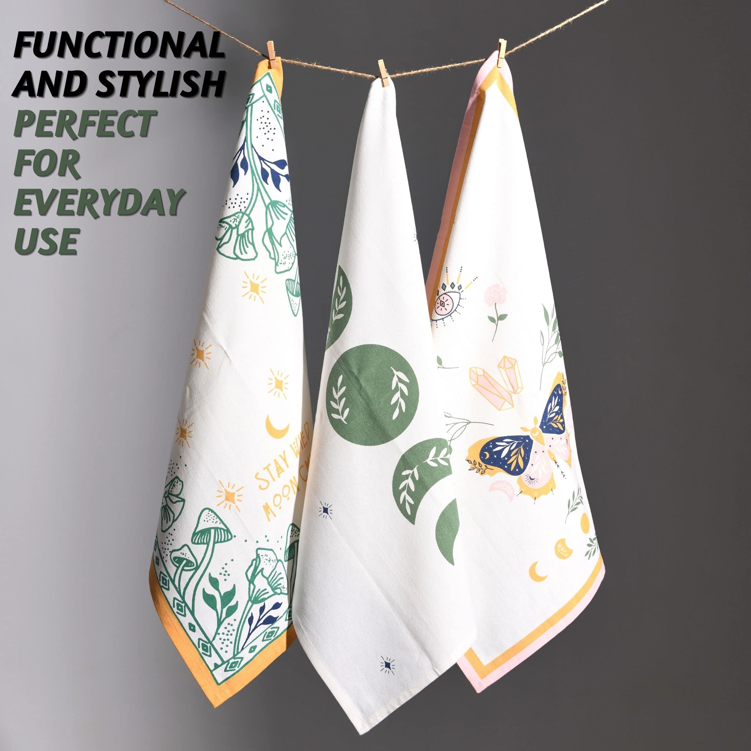 Folkulture Cotton Kitchen Towels Set of 3 - 20x26 Inch Absorbent Dish Towels & Dishcloths for Modern Kitchen, Valentine's Day Gifts for Her - Perfect for Drying Dishes, Decorating Home & Hostess Gifts