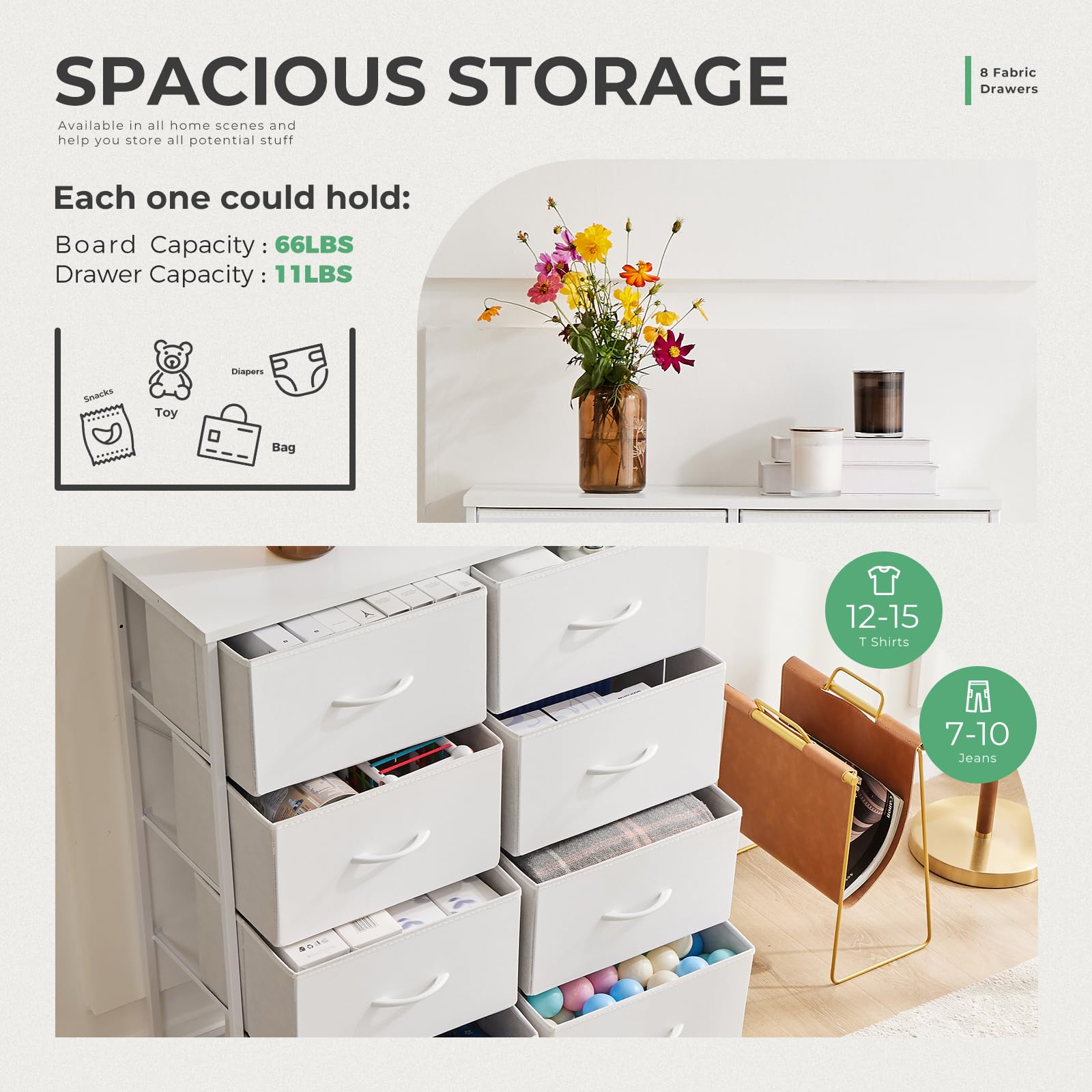 DUMOS 8-Drawer Fabric Dresser for Bedroom - Tall Clothing Storage Organizer with Cabinet | Wooden Top & Metal Frame | Lightweight Nursery Furniture for Kids Room & Closet | Perfect for Baby Clothes, Toys & Home Organization (White)