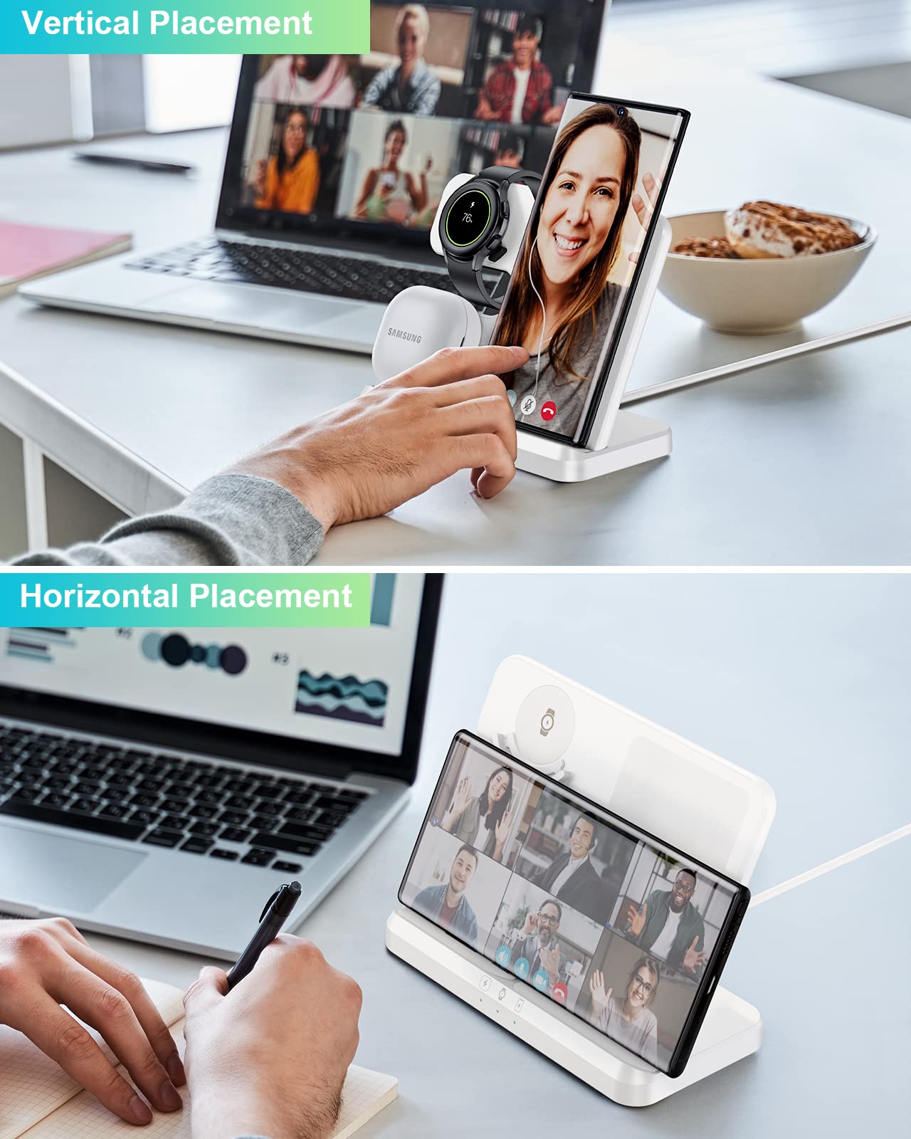 3-in-1 Wireless Charging Station for Samsung Galaxy Z Flip 4/3, Z Fold 4, S22/S21/S20, Note20 - Fast Charger Compatible with Galaxy Watch 5/4/3 & Galaxy Buds (White) | Perfect for Home, Office & Travel Charging