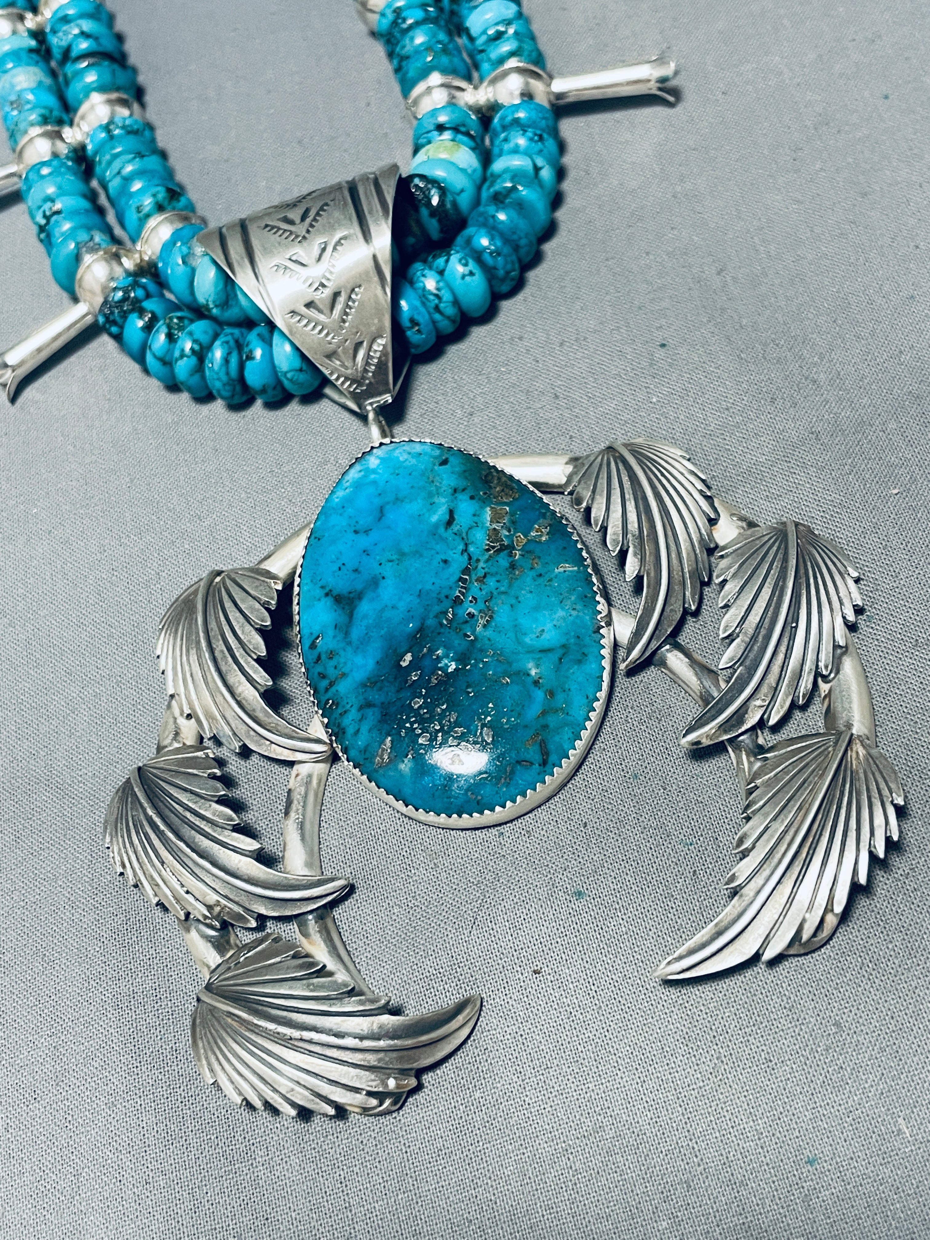 202 Gram Authentic Native American Navajo Turquoise Sterling Silver Squash Blossom Necklace - Handcrafted Jewelry for Women, Boho Fashion & Special Occasions