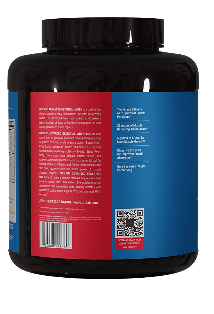 ProLab Advanced Essential Whey Protein Powder - Premium Blend of Whey Concentrate & Isolate with BCAAs & Natural Enzymes (Vanilla Donut Flavor, 5 LB) for Muscle Recovery & Post-Workout Nutrition
