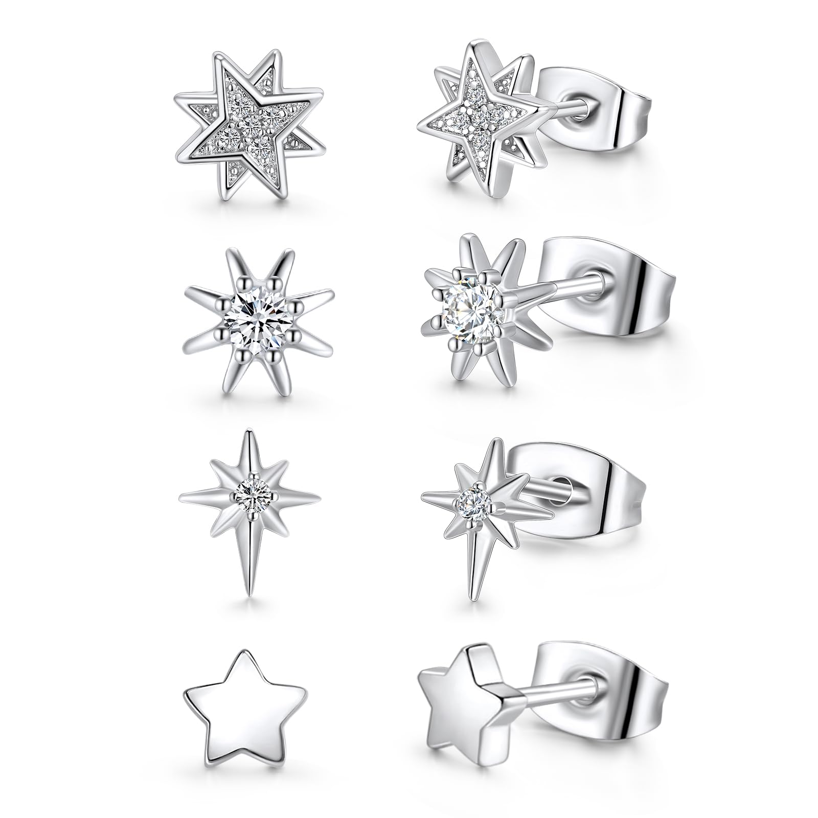 4 Pairs Hypoallergenic Star Stud Earrings for Women - Silver & Gold Celestial Jewelry Set for Sensitive Ears | Perfect for Everyday Wear, Gifts & Special Occasions