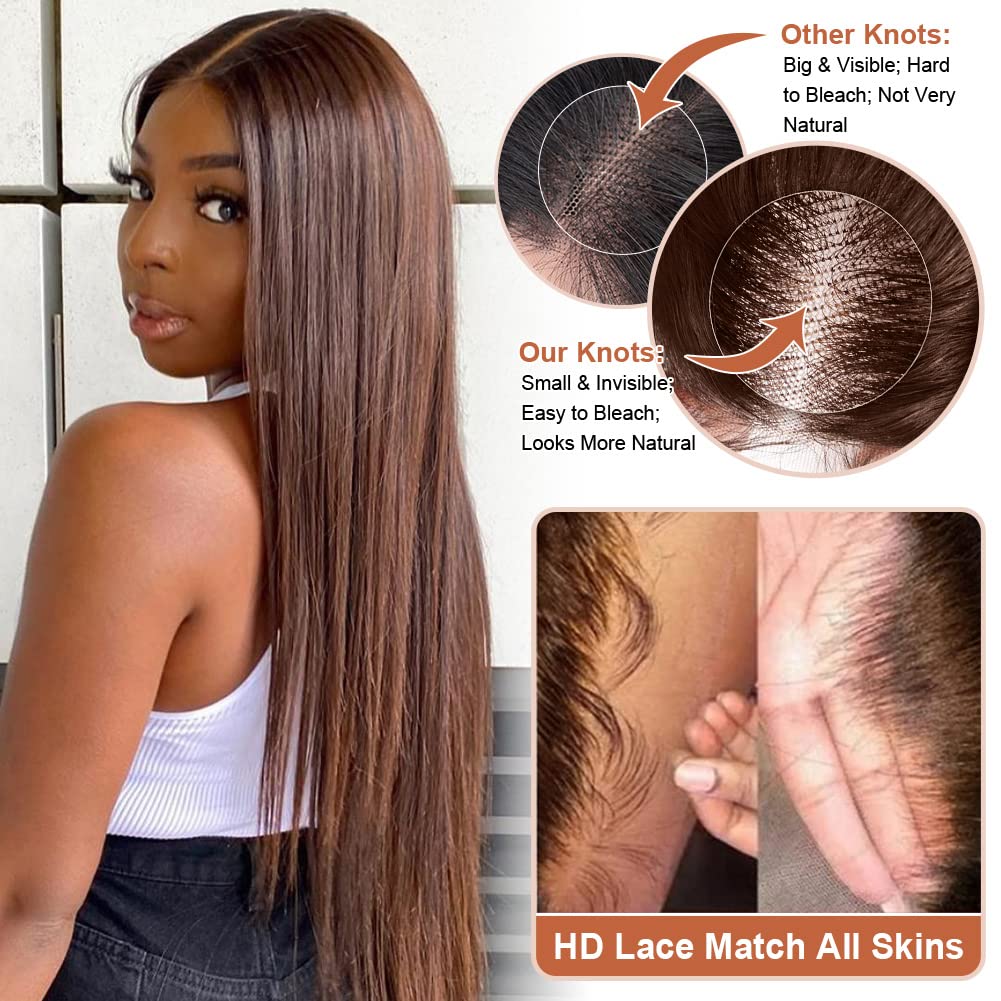 Flady Dark Brown Glueless Human Hair Wig - Straight Lace Front Wig with Pre-Plucked Invisible HD Lace | 150% Density for Women | Perfect for Daily Wear, Cosplay & Special Occasions
