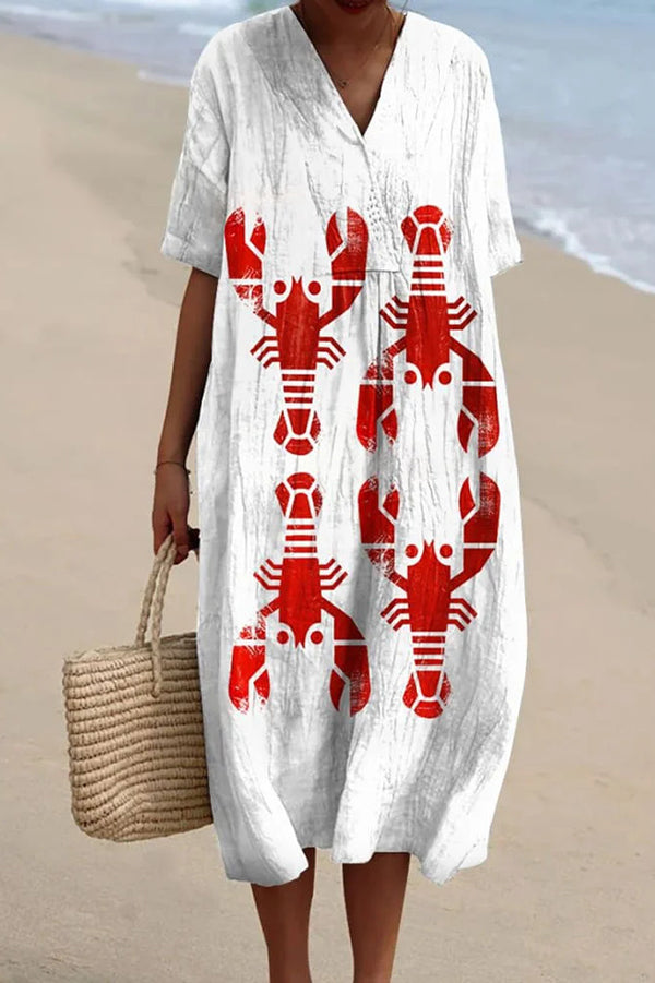 Stylish Marine Print V-Neck Short Sleeve Midi Dress for Women | Beach Vacation, Summer Party & Casual Outfit