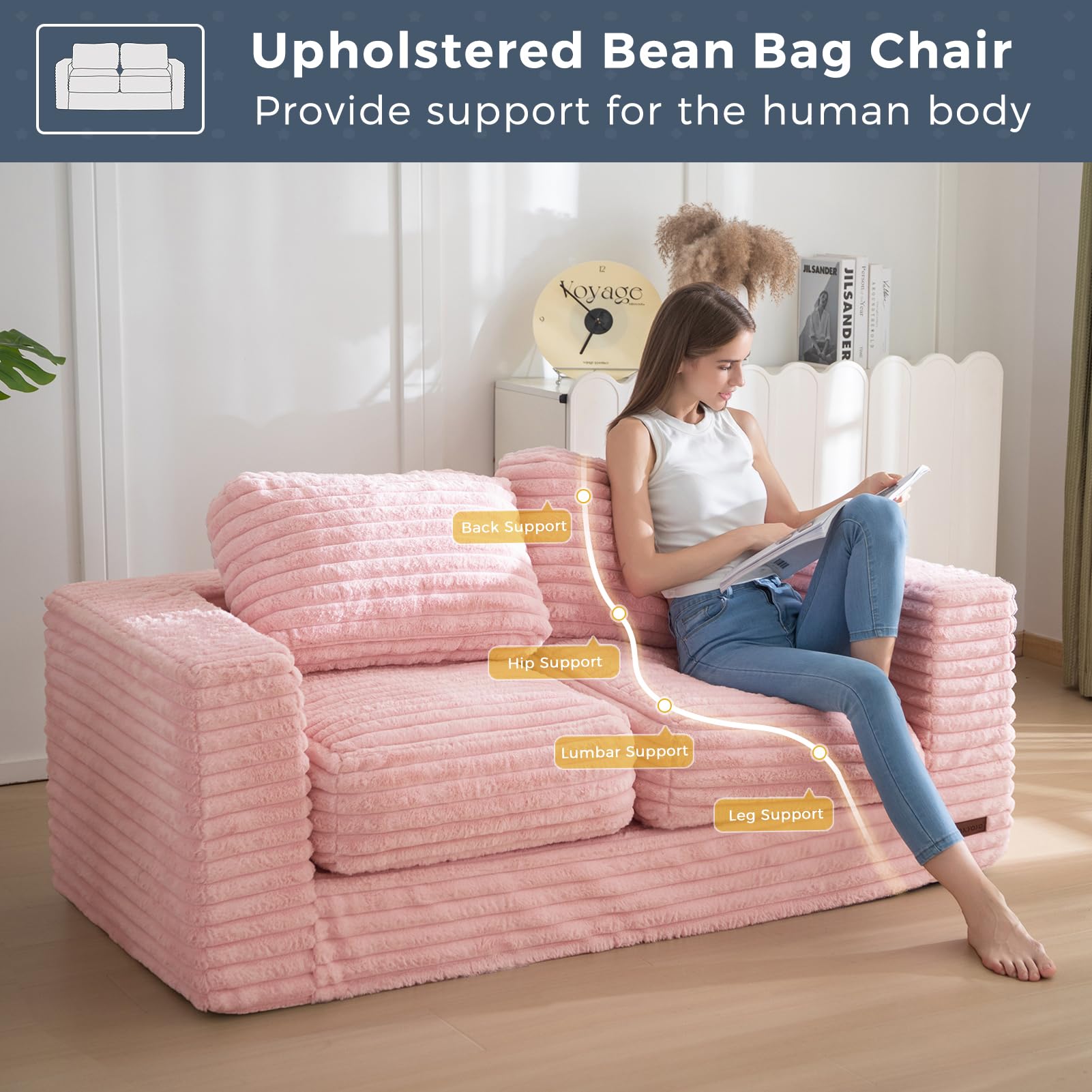 MAXYOYO Striped Faux Fur Bean Bag Chair - 2-Seater Floor Sofa with Pillows & Armrests | Cozy Living Room Seating for Teens & Adults | Perfect for Gaming, Movie Nights & Relaxation