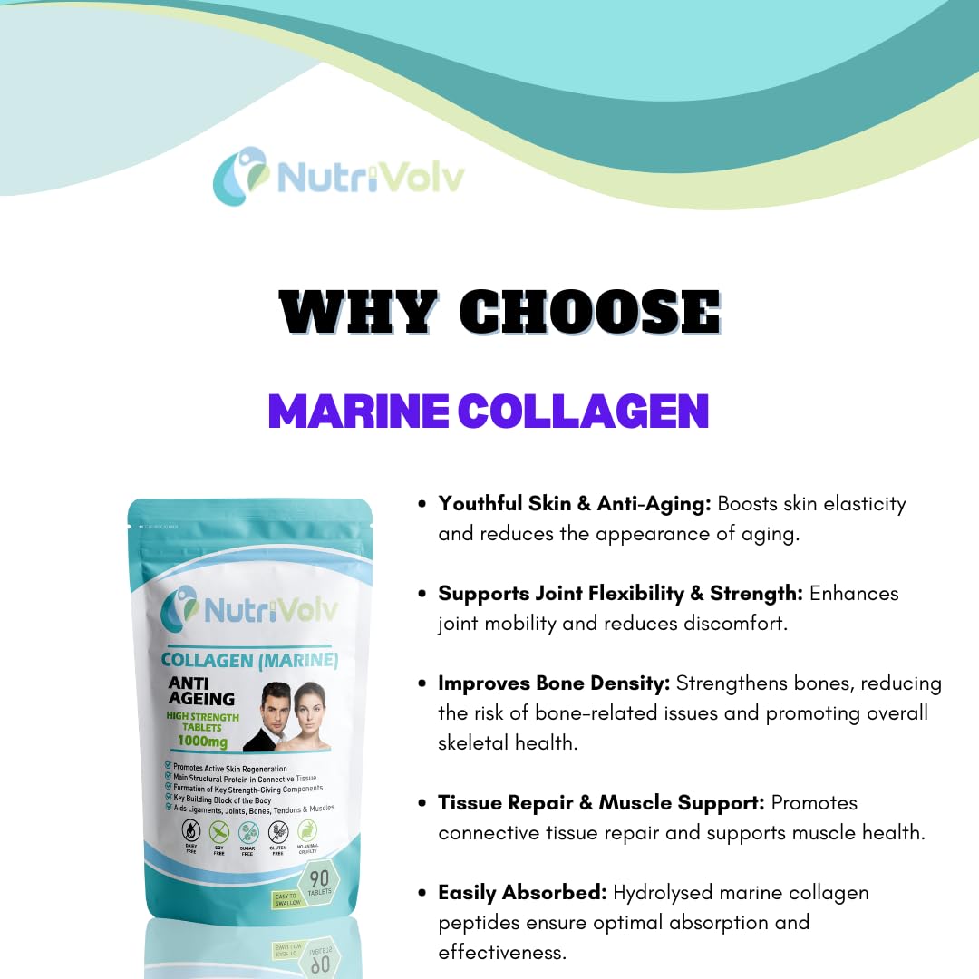 NutriVolv Marine Collagen 1000mg Supplement - Anti-Aging Support for Skin, Joints, Bones & Muscle Health | 90 Capsules | Promotes Skin Elasticity & Joint Mobility | Supports Healthy Hair & Nails | Ideal for Active Adults & Mature Skin Care Routine