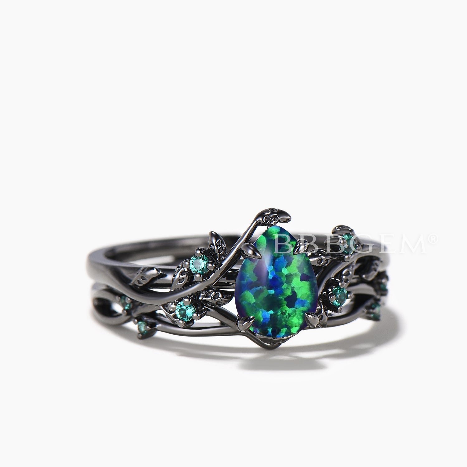Natural Black Opal Engagement Ring with Emerald Accents - 14K Black Gold Bridal Set for Women, Perfect for Weddings, Anniversaries & Special Occasions