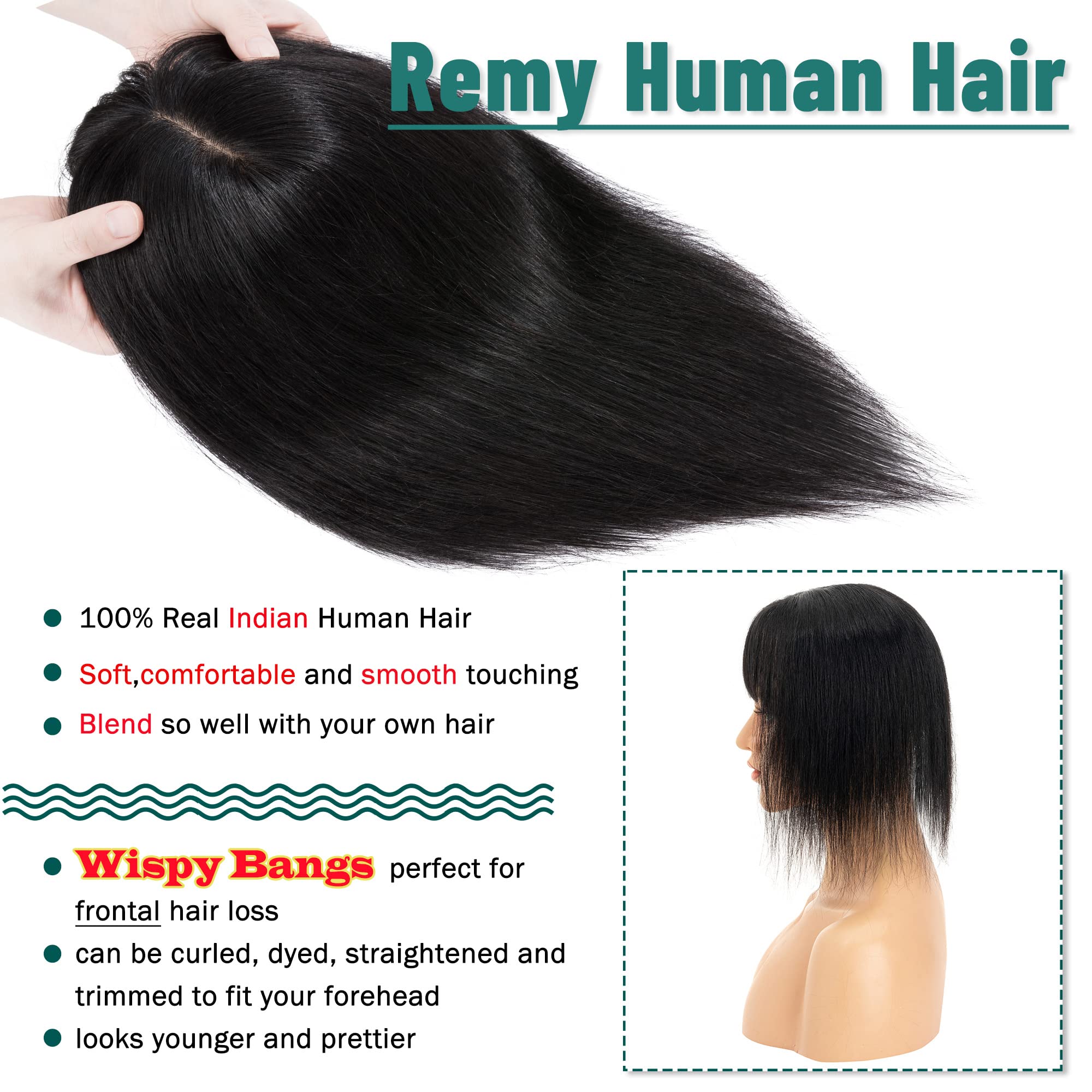Premium 130% Density Human Hair Toppers with Bangs - Hand-Tied Silk Base Clip-In Hairpiece for Women with Thinning Hair | Natural Hair Loss Solution & Gray Coverage | 10 Inch 35g Jet Black | Perfect for Daily Wear, Special Occasions & Confidence Boosting Hairstyles