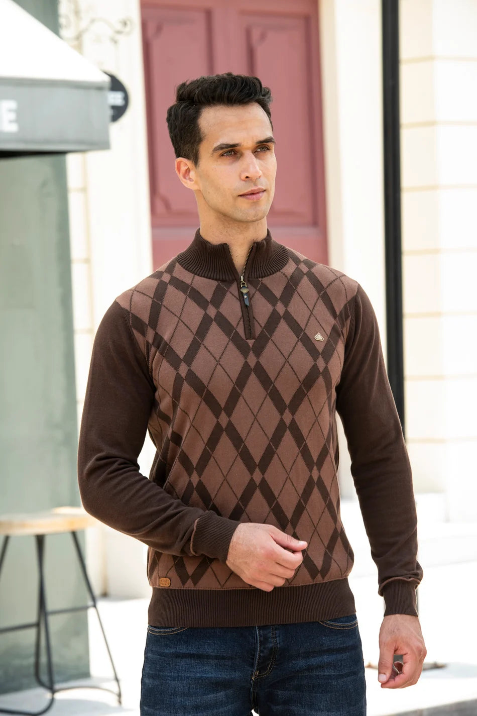 Argyle Men's Cotton Mock Neck Zipper Patchwork Pullover Sweater - Winter Warm Fashion Knitwear for Men | Casual Office Wear & Outdoor Activities