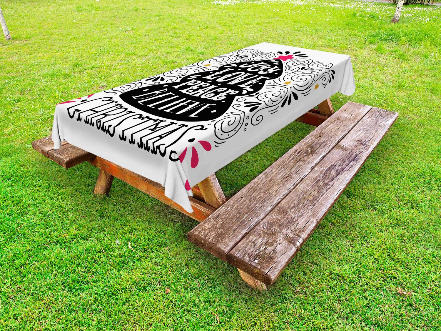 Ambesonne Joy Outdoor Tablecloth - Abstract Christmas Tree Pattern with Tree Topper & Swirled Lines, Washable Picnic Table Cover 58x120 Inches, Dark Coral Black White - Perfect for Holiday Parties, Picnics & Outdoor Dining Decor