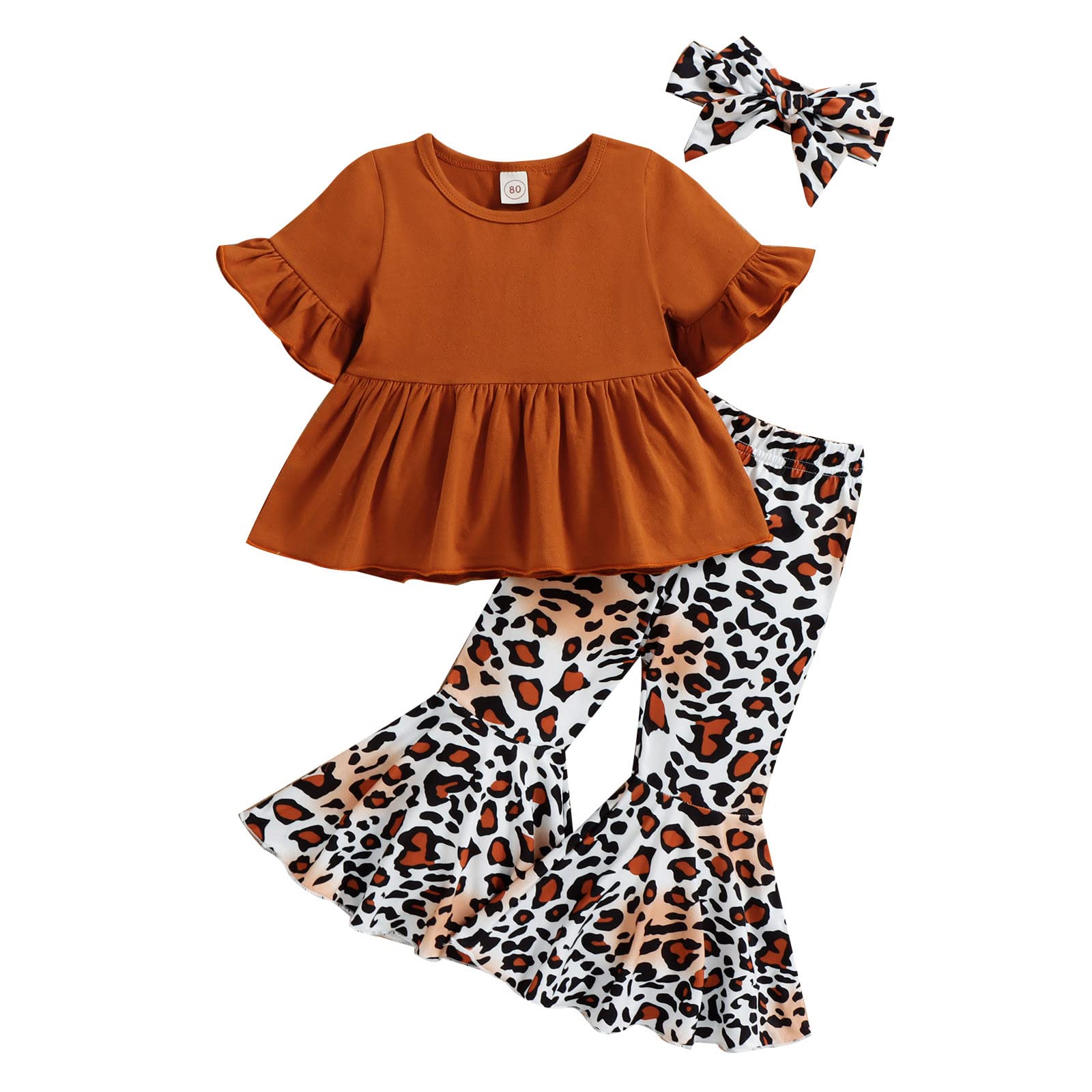 Toddler Girls Summer Outfit Set - Leopard Print Ruffled Short Sleeve Top & Flare Pants with Headband | Cute Playdate, Birthday Party & Photo Shoot Clothes for Baby Girls