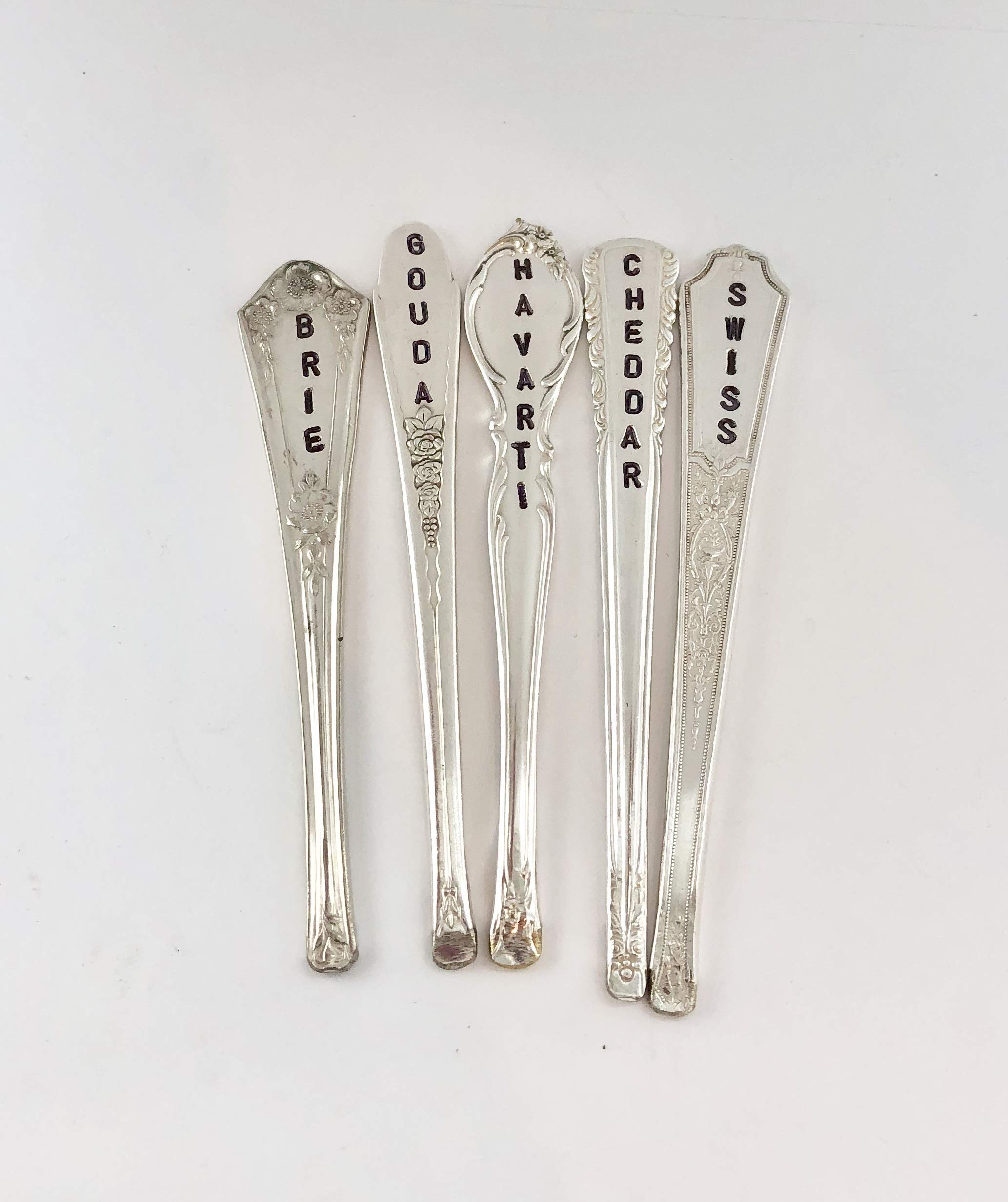 Custom Cheese Markers Set of 5 - Engraved Silver Plate Cheese Spoons with Personalized Cheese Names - Perfect for Wine & Cheese Parties, Charcuterie Boards & Gourmet Gift Giving