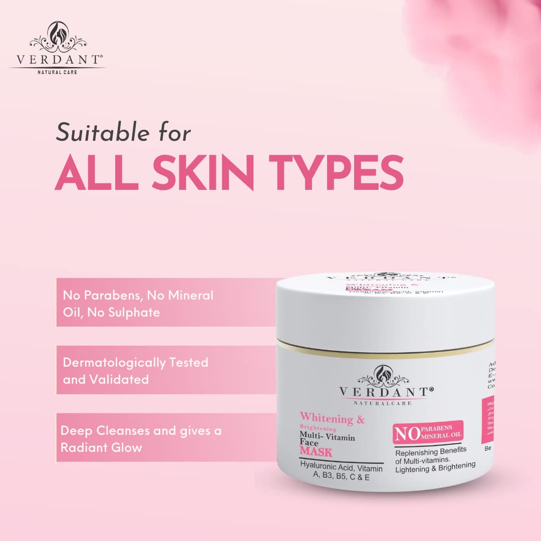 Verdant Natural Care Skin Whitening & Brightening Face Mask for Glowing Skin - Sulphate & Paraben Free - 100ml | Hydrating & Revitalizing Treatment for Dull Skin - Perfect for Nighttime Skincare Routine & Spa Days
