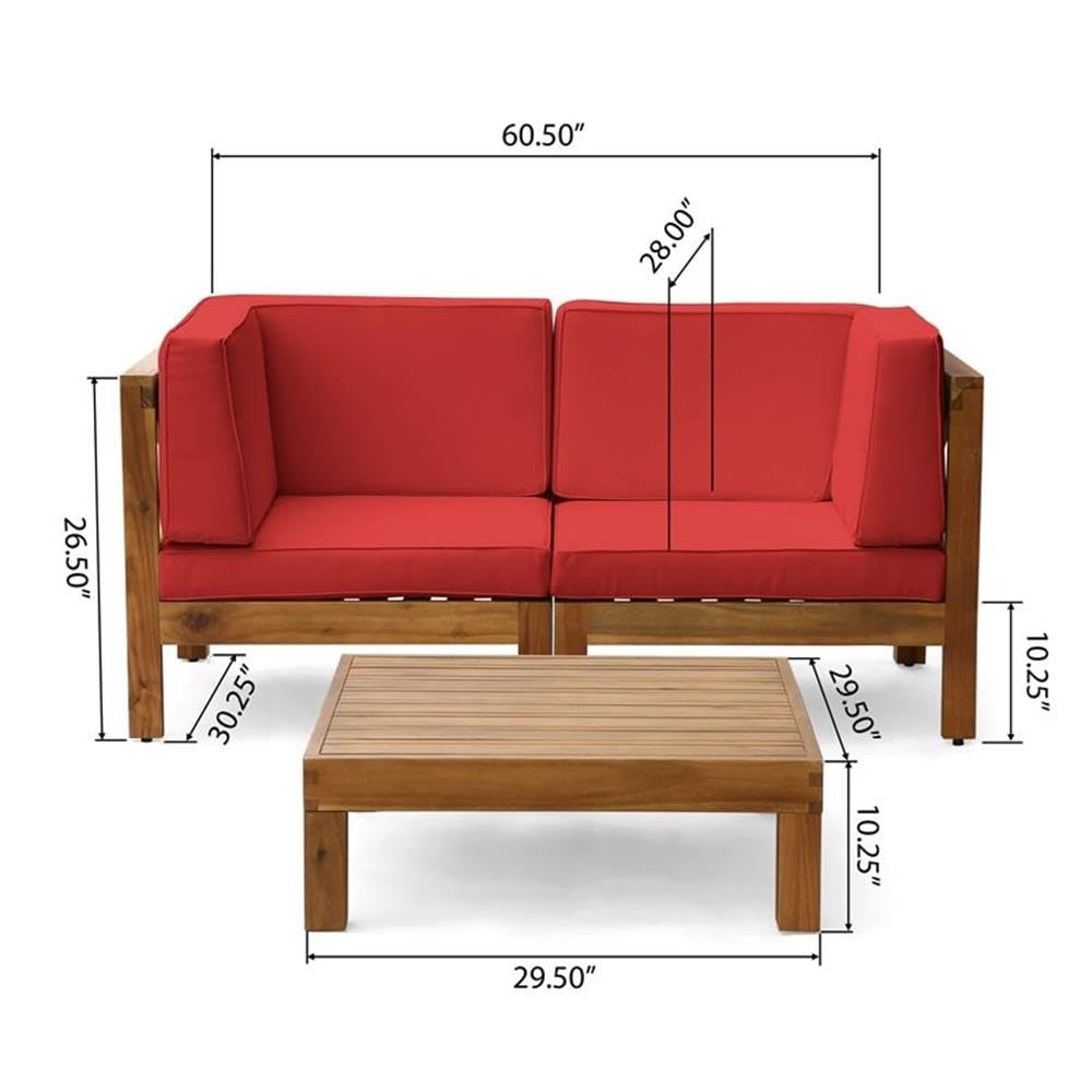 Brava Outdoor Modular Loveseat Set with Coffee Table - Teak/Red Cushions for Patio & Garden
