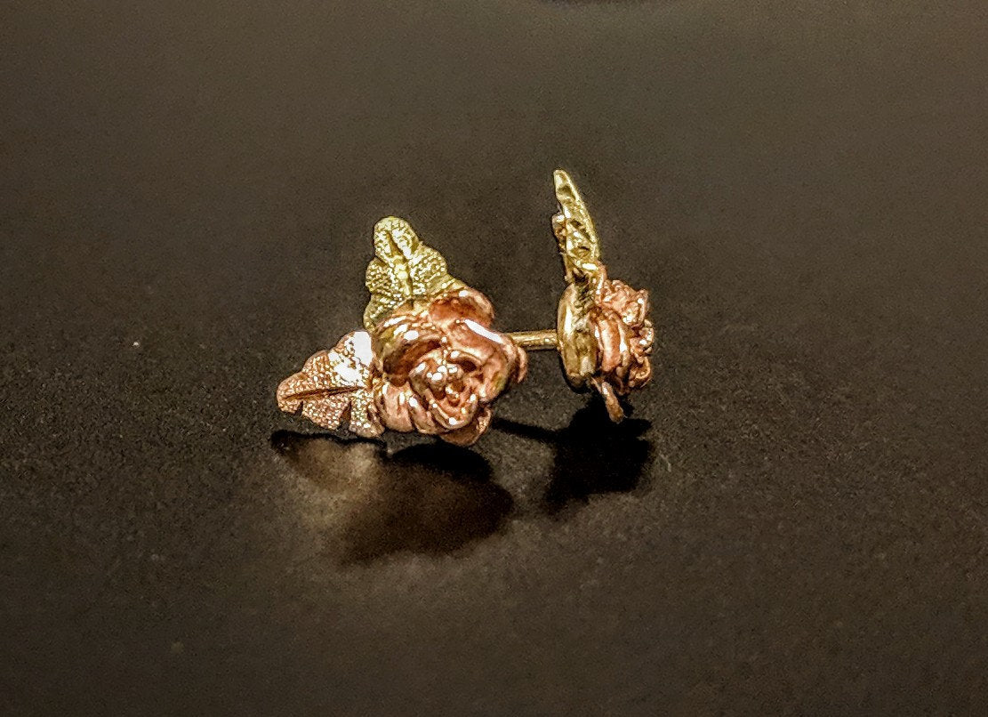 10kt Solid Gold Three-Tone Rose Two Leaf Stud Earrings (1 Pair) - Red & Green Leaf Design for Women | Perfect for Valentine's Day, Anniversary Gifts & Everyday Wear
