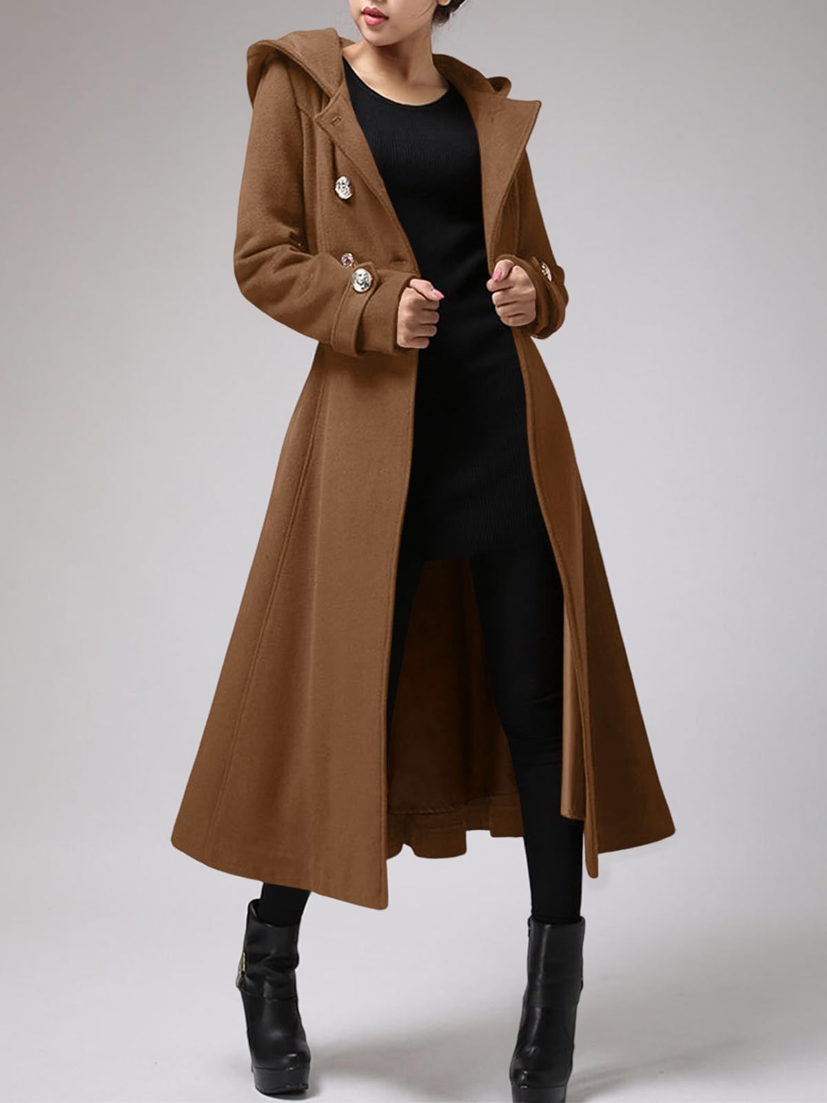 Cicy Bell Women's Long Double-Breasted Hooded Wool Coat with Belt - Warm Winter Trench Coat for Office, Travel & Outdoor Activities