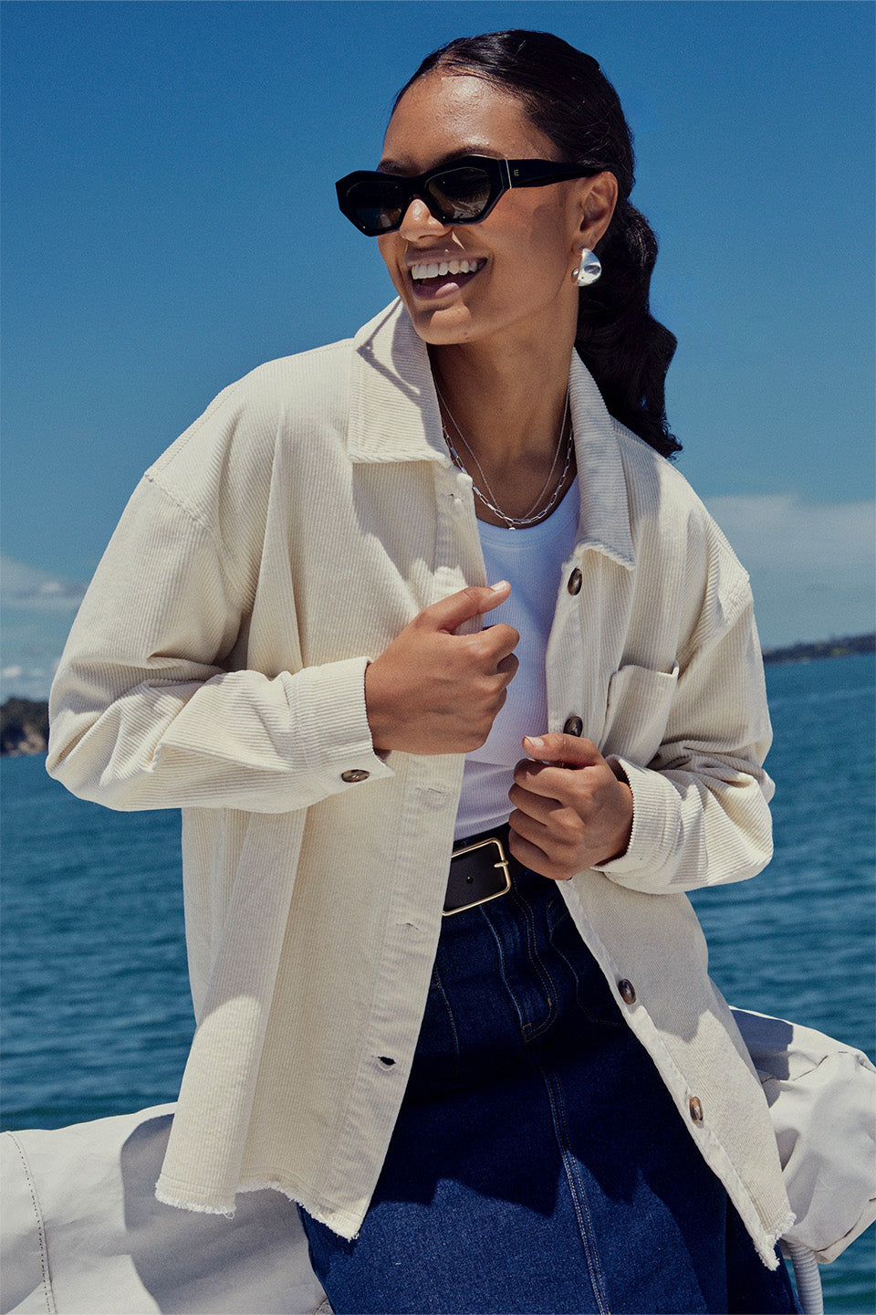 Friday Ecru Oversized Shacket - Women's Casual Button-Up Shirt Jacket for Fall & Winter | Perfect for Layering, Outdoor Activities & Streetwear Fashion