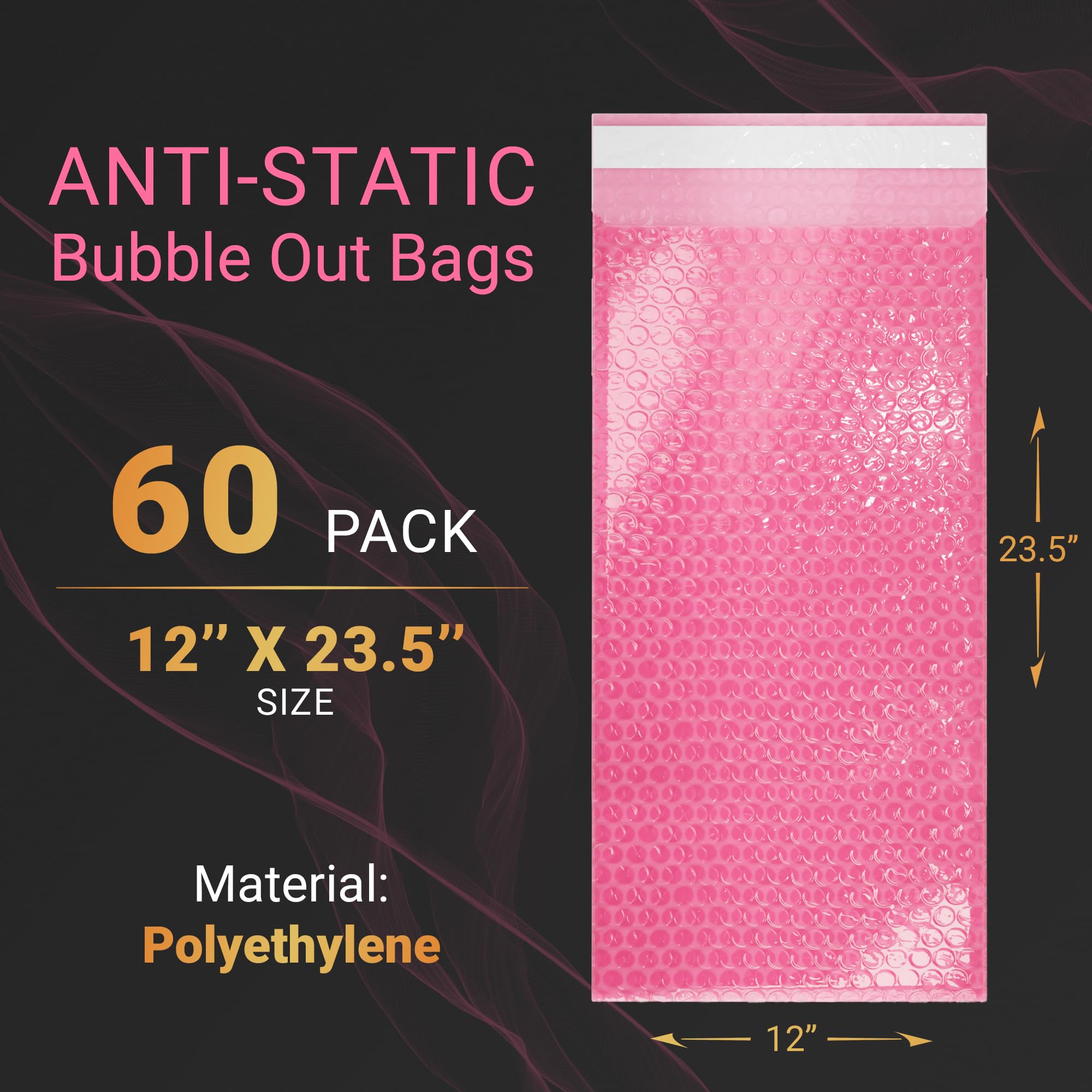 APQ Anti Static Bubble Mailers 12 x 23.5 Inch - 60 Pack Self Sealing Bubble Envelopes for Shipping | Waterproof PE Pink Padded Pouches | Protective Packaging for Jewelry, Makeup, Electronics & Fragile Items | Ideal for Ecommerce, Online Sellers & Small Business Shipping