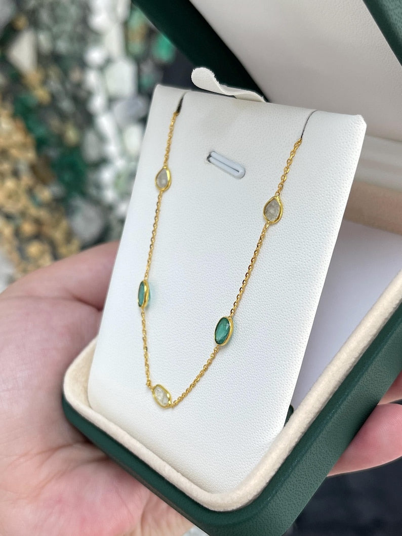 3.24tcw Natural Emerald & Diamond Slices By The Yard Necklace in 18K Gold - Elegant Layering Jewelry for Weddings, Parties & Special Occasions