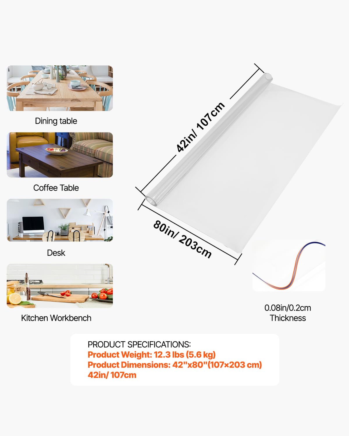 VEVOR Clear PVC Table Cover 42 x 80 Inches, Waterproof & Oil-Proof Plastic Tablecloth, Durable Transparent Desk Mat for Dining, Kitchen, Office, Party, and Event Decorations