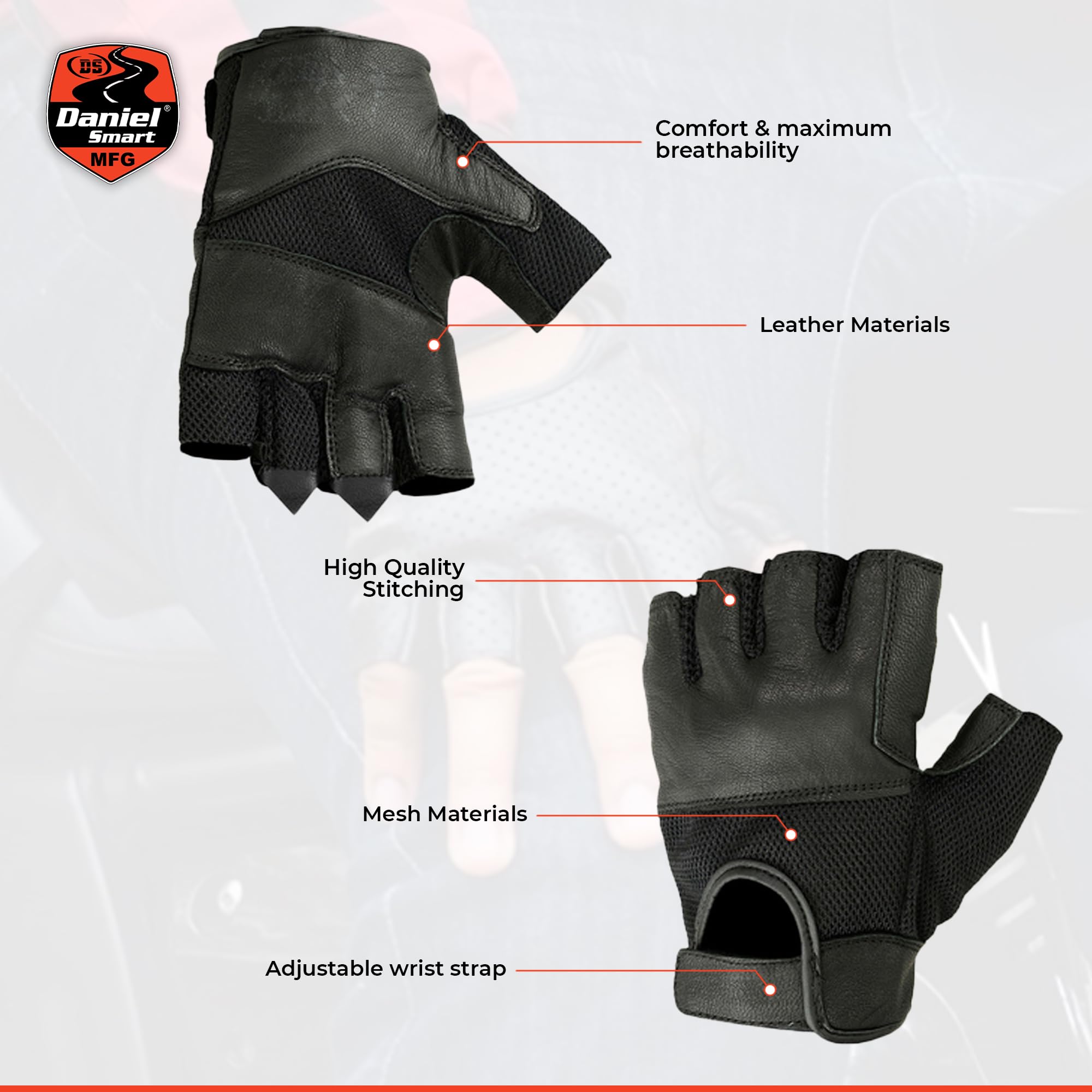 Daniel Smart Men's Fingerless Motorcycle Gloves - Gel Palm Leather Gloves with Mesh & Synthetic Leather for Maximum Airflow - Perfect for Biking, Motorcycling & Outdoor Activities