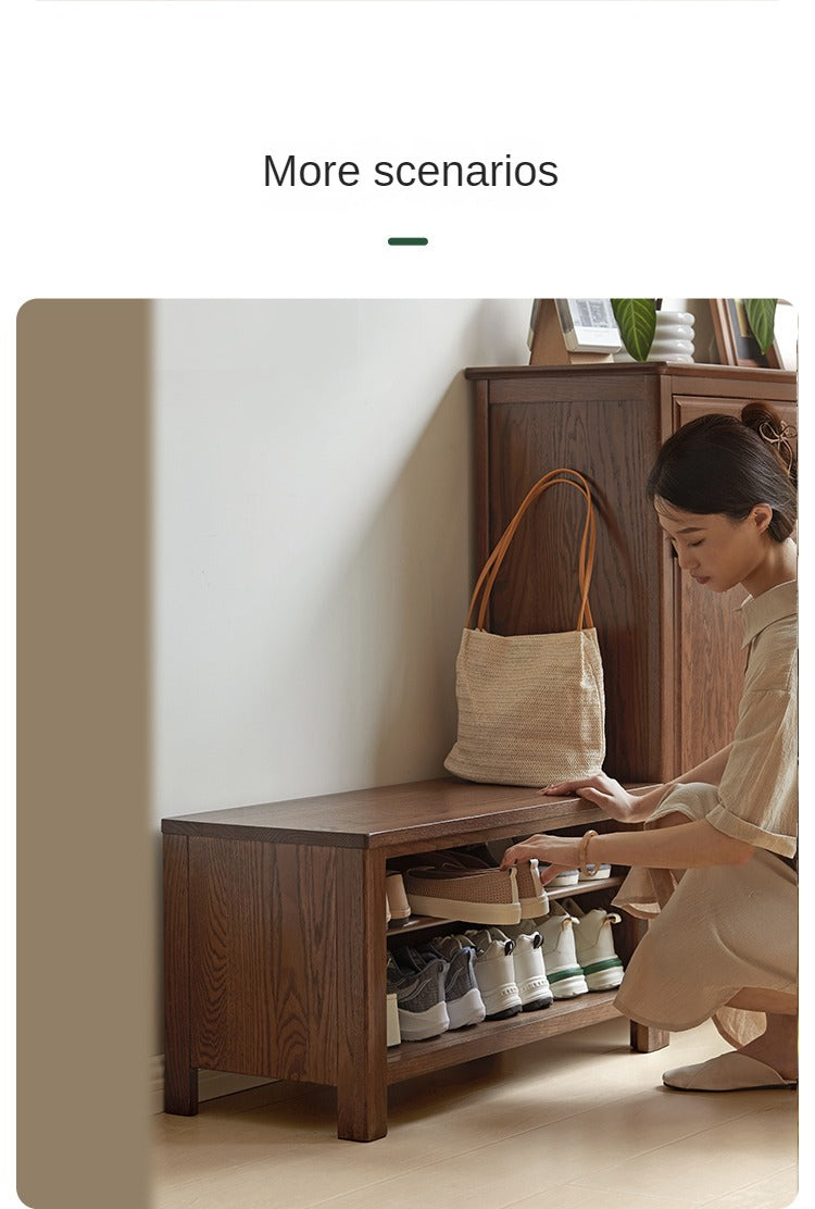 Solid Oak Wood Shoe Bench for Entryway - Durable Shoe Storage Stool for Hallway, Living Room & Bedroom Organization