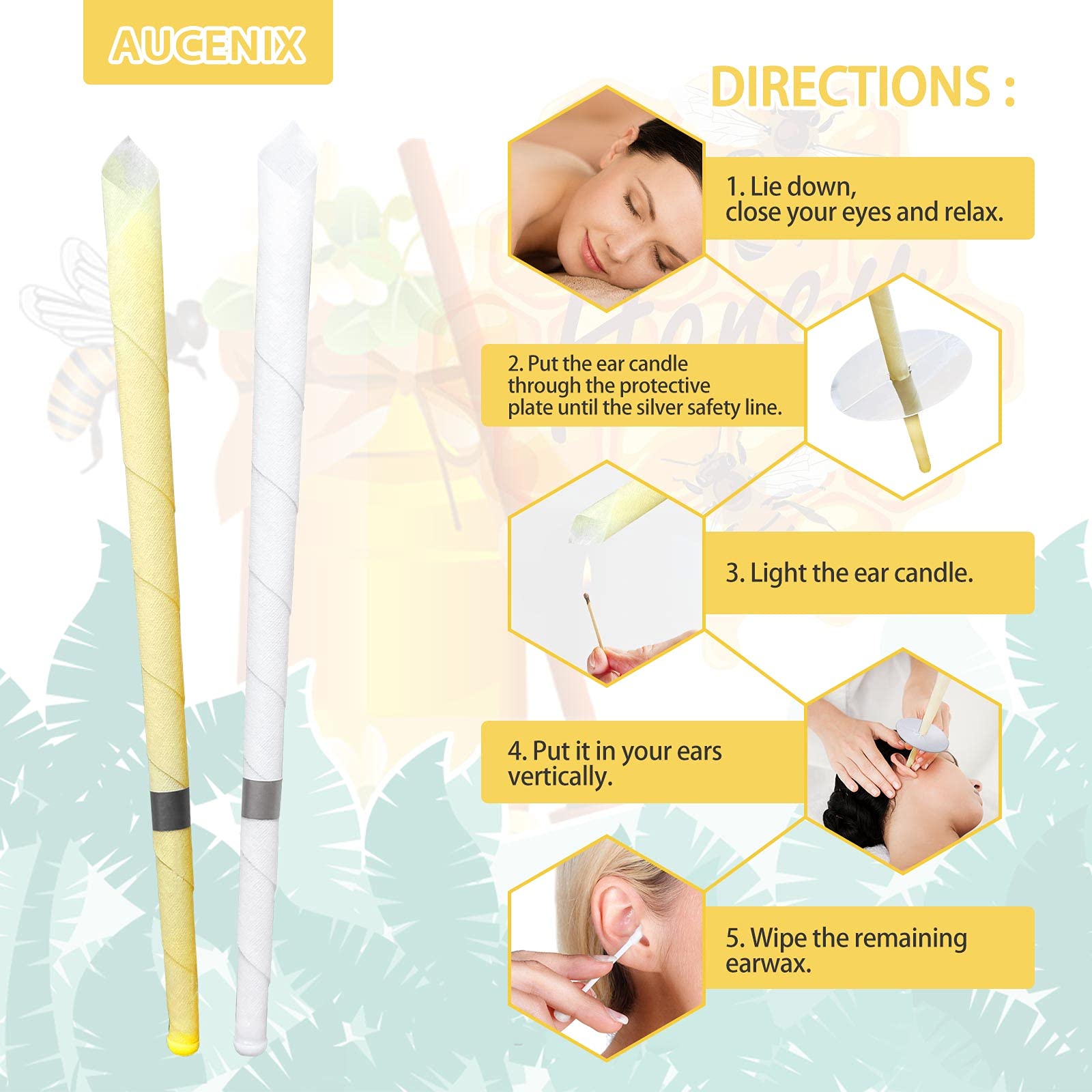 Natural Hopi Ear Candles for Ear Blocked - Beeswax Cones with 8 Disks for Relaxation & Cleansing