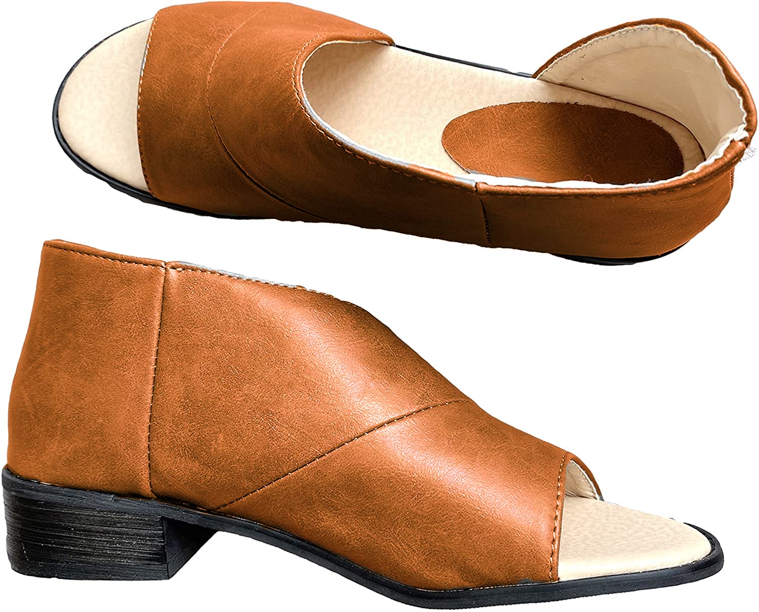 JITUUE Women's Flat Sandals Open Toe Slip-On Low Heel Gladiator Sandals with Side Cutout - Comfortable Summer Slides for Beach, Vacation & Casual Wear (US 8.5, Brown)