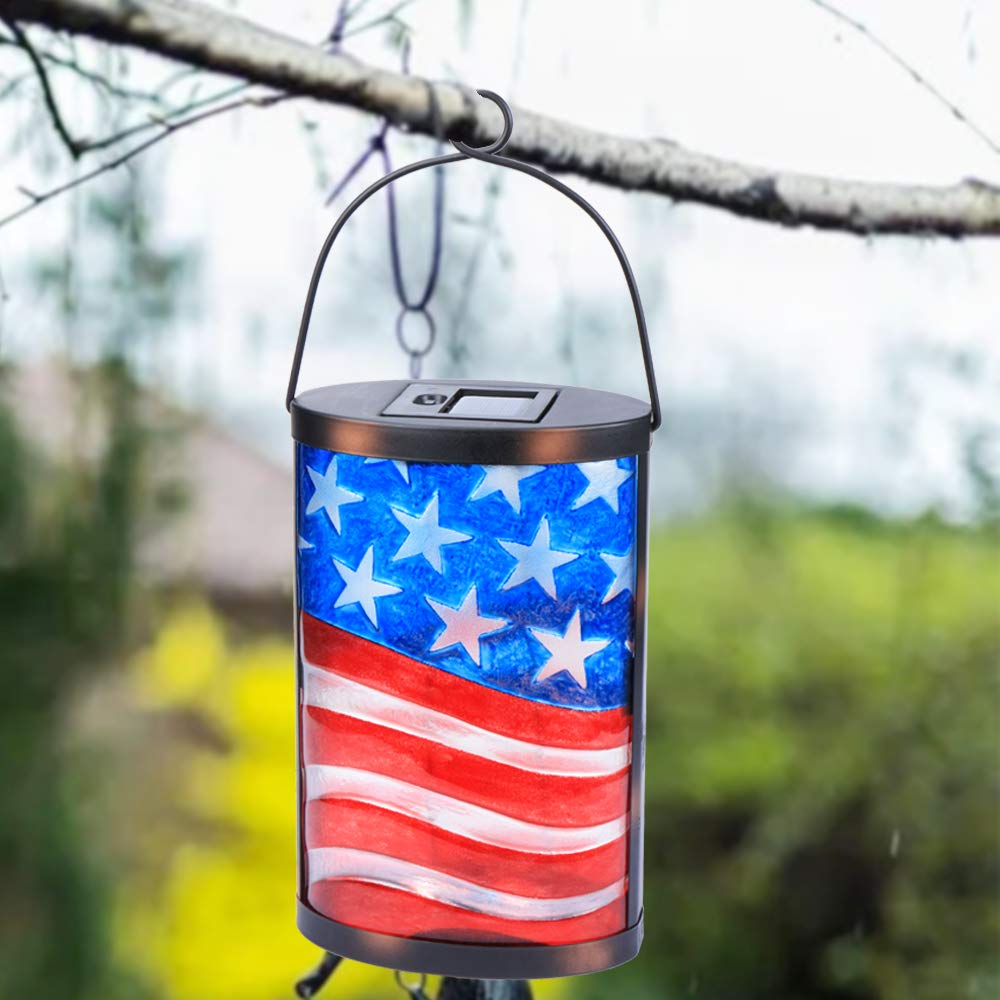 Waterproof LED Solar American Flag Lights - Outdoor Hanging & Tabletop Lantern for Patio, Garden, Deck Decor | Solar-Powered Patriotic Lighting for 4th of July, Memorial Day, and Backyard Parties