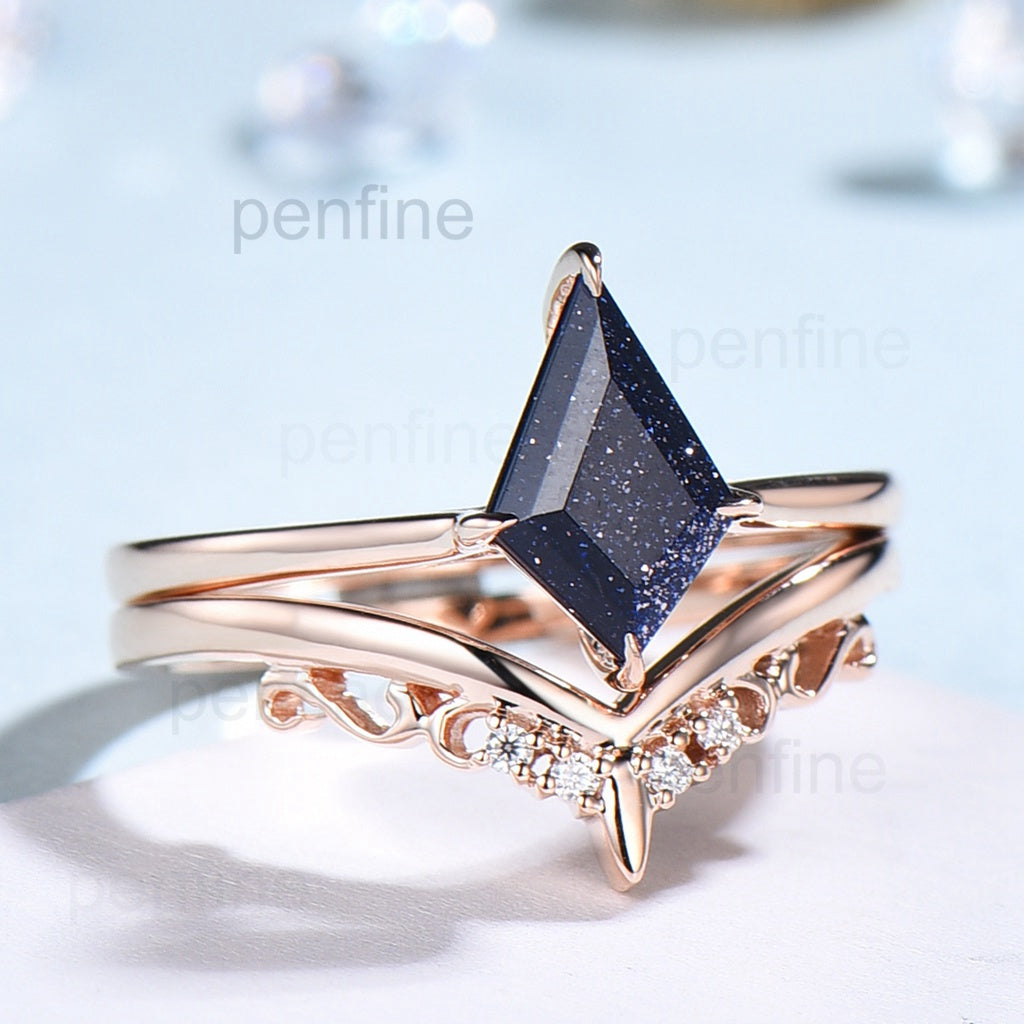 14K Rose Gold Kite Cut Blue Sandstone Solitaire Engagement Ring Set for Women - Perfect for Proposals, Anniversaries & Special Occasions