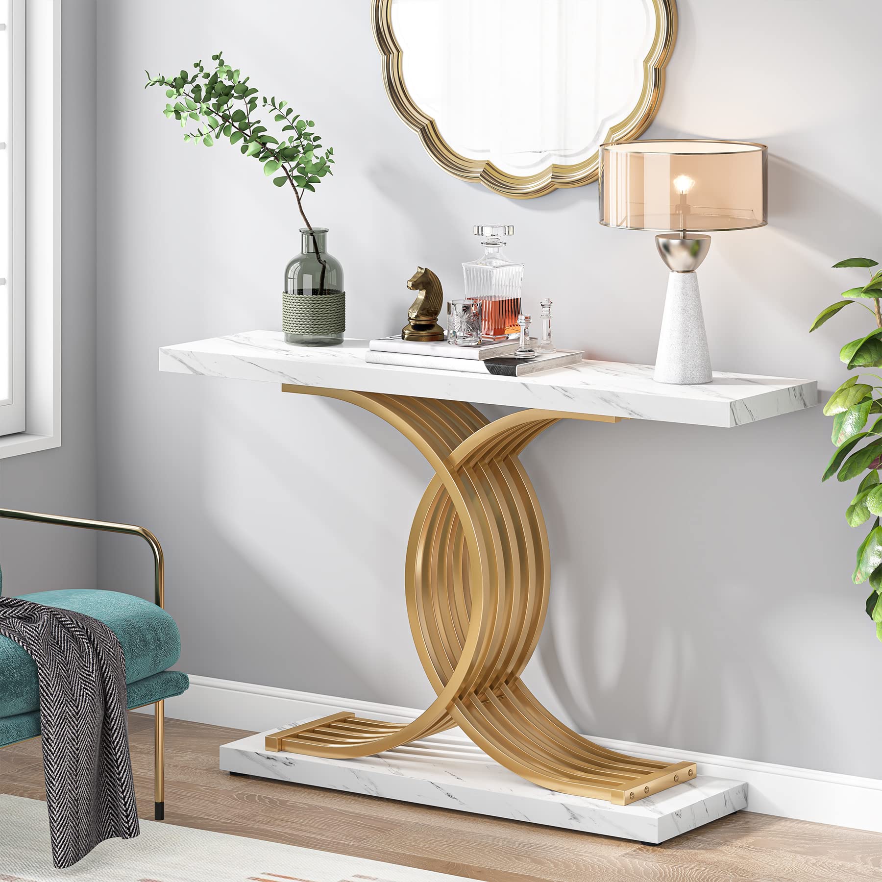 Tribesigns 39-Inch Modern Gold Entryway Console Table with Geometric Metal Legs & Faux Marble Top - Narrow Sofa Table for Living Room, Hallway, Entrance - Stylish Home Decor for Small Spaces (Gold & White)