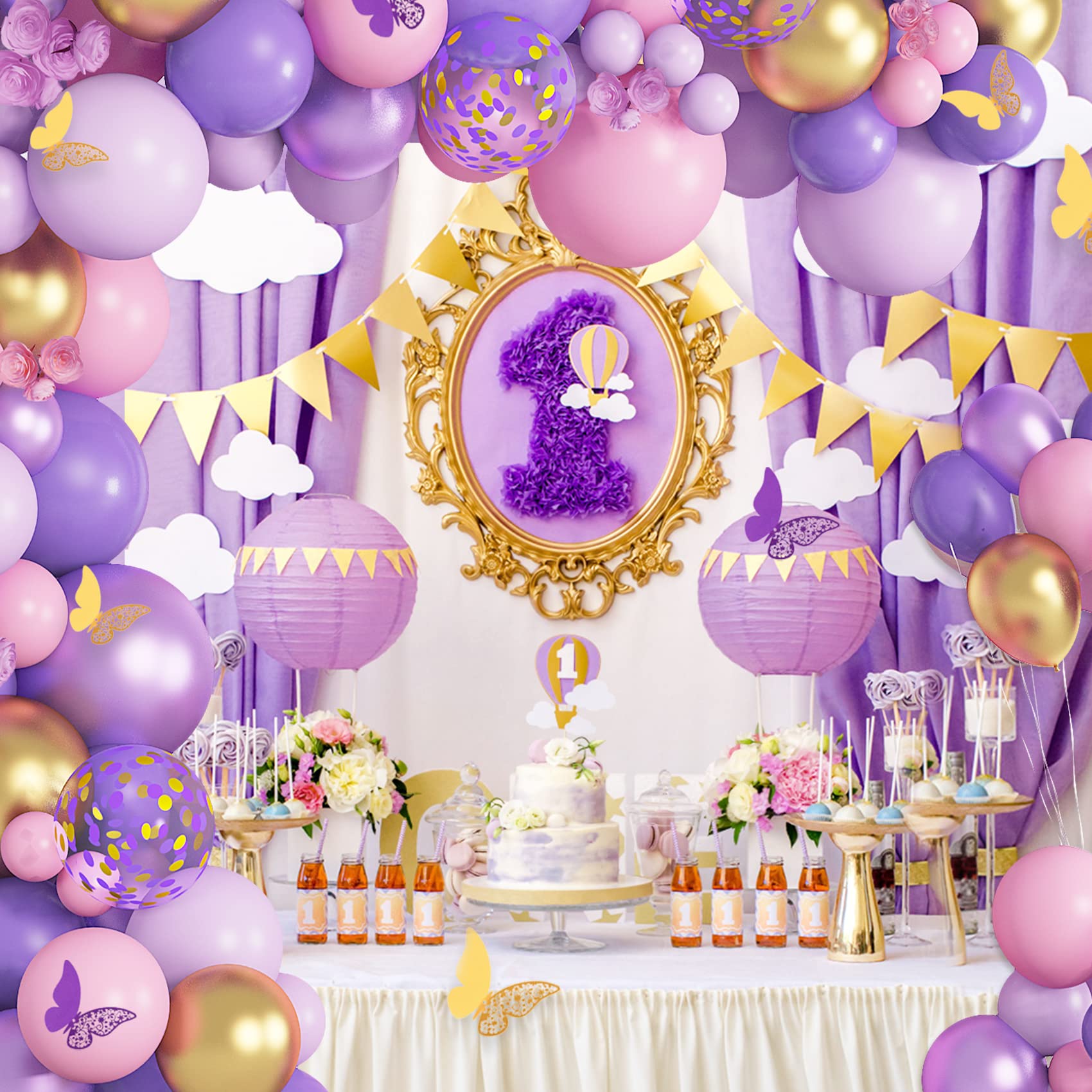 Purple & Pink Butterfly Balloon Garland Arch Kit - Baby Shower Decorations for Girls & Women | Gold Confetti Balloons for Birthday, Bridal Shower & Valentine's Day Parties | Perfect for Nursery Decor, Gender Reveals & Wedding Backdrops