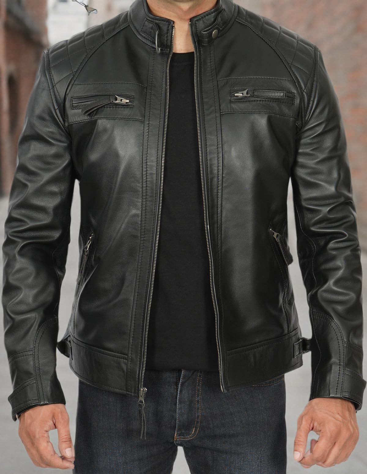 Blingsoul Men's Motorcycle Leather Jacket - Quilted Cafe Racer Biker Jacket for Men | Premium Genuine Leather Riding Gear for Motorcycle Enthusiasts & Urban Fashion